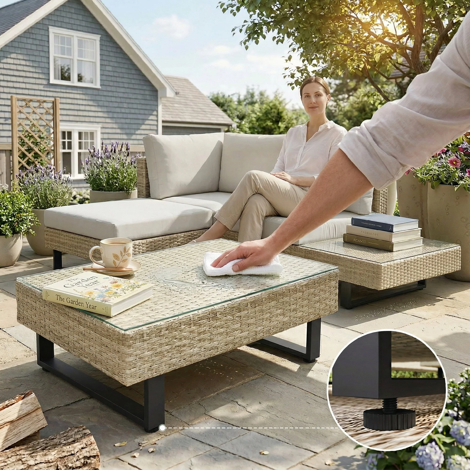 Outsunny Conjunto Muebles Jardín Exterior De Ratán De 3 Piezas Cojines Beige - Image 6