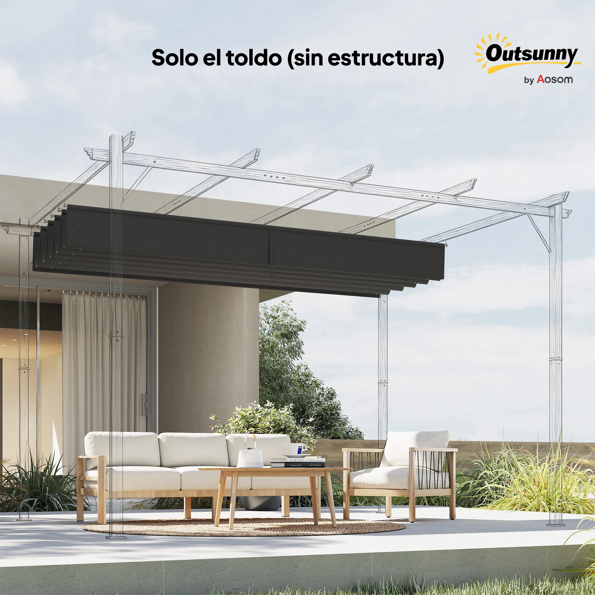 Outsunny Cubierta Para Pérgola Retráctil 3,5x2,6 M Para Marco De 4x3 M Gris - Image 5