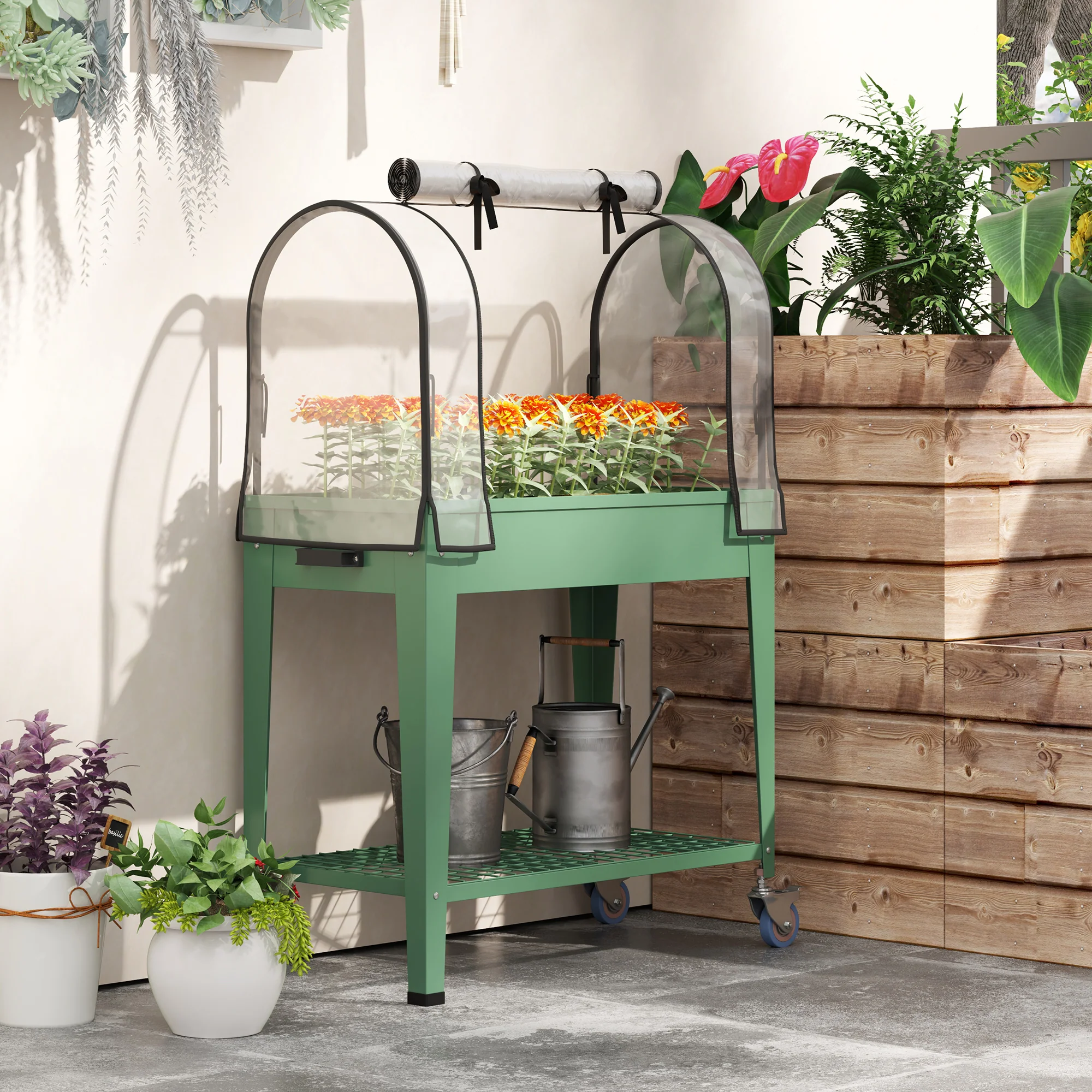 Outsunny Huerto Urbano Elevado Con Ruedas Y Cubierta 80x40x120 Cm Verde - Image 4