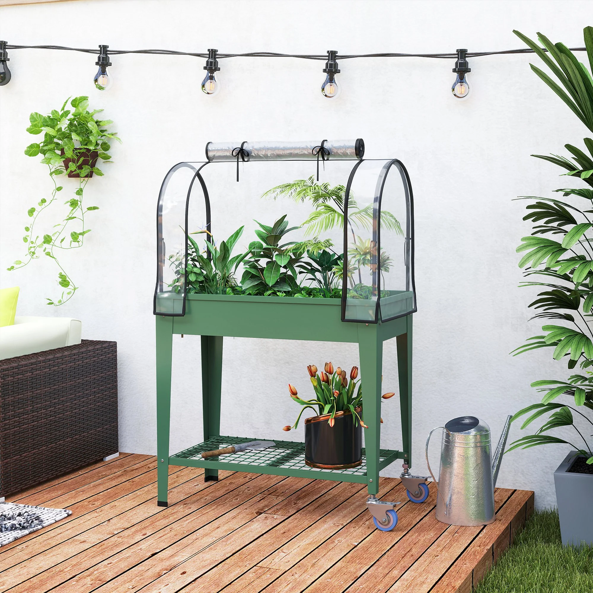 Outsunny Huerto Urbano Elevado Con Ruedas Y Cubierta 80x40x120 Cm Verde - Image 5