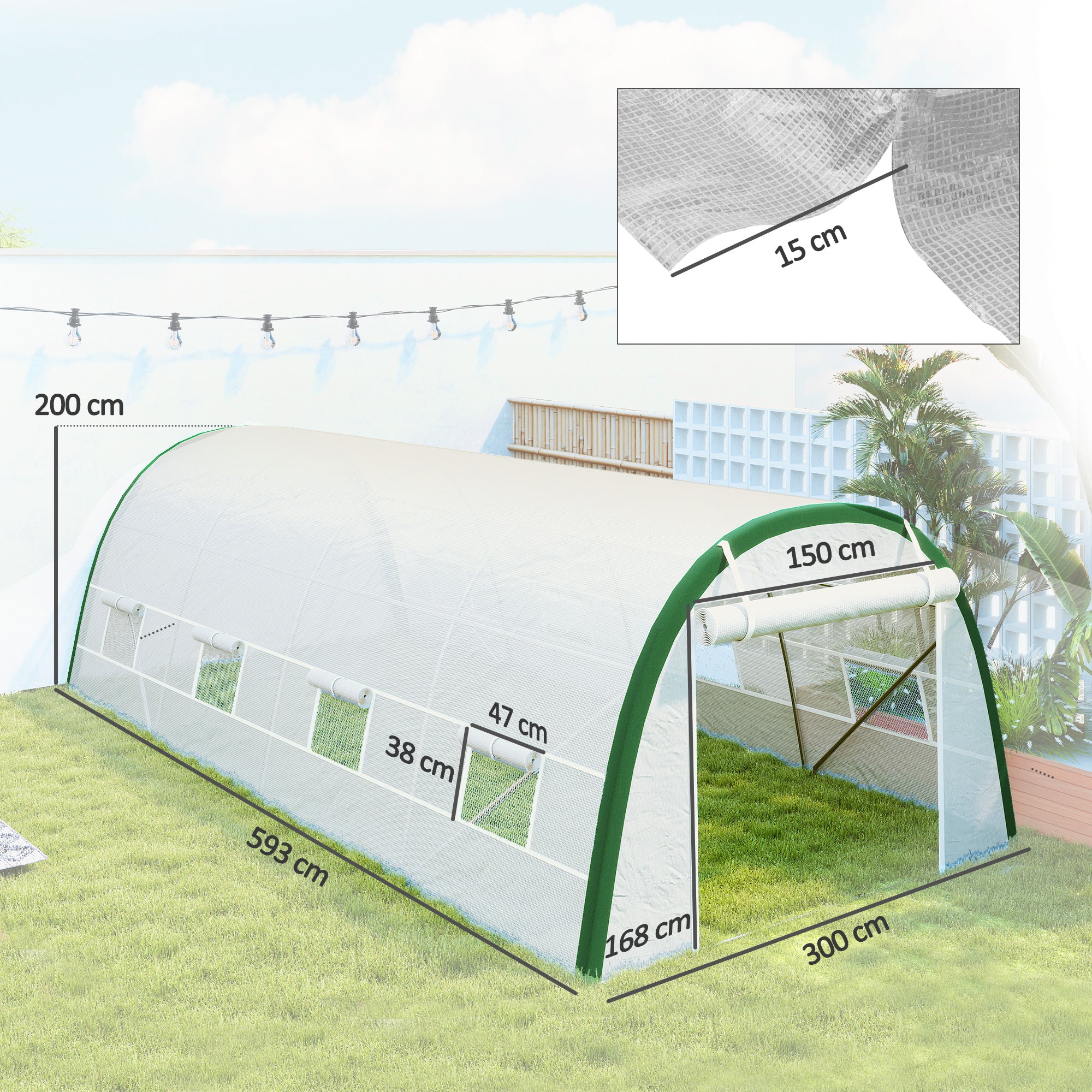 Outsunny Invernadero De Túnel 6x3x2 M Con Puerta Enrollable Y 8 Ventanas Blanco - Image 3