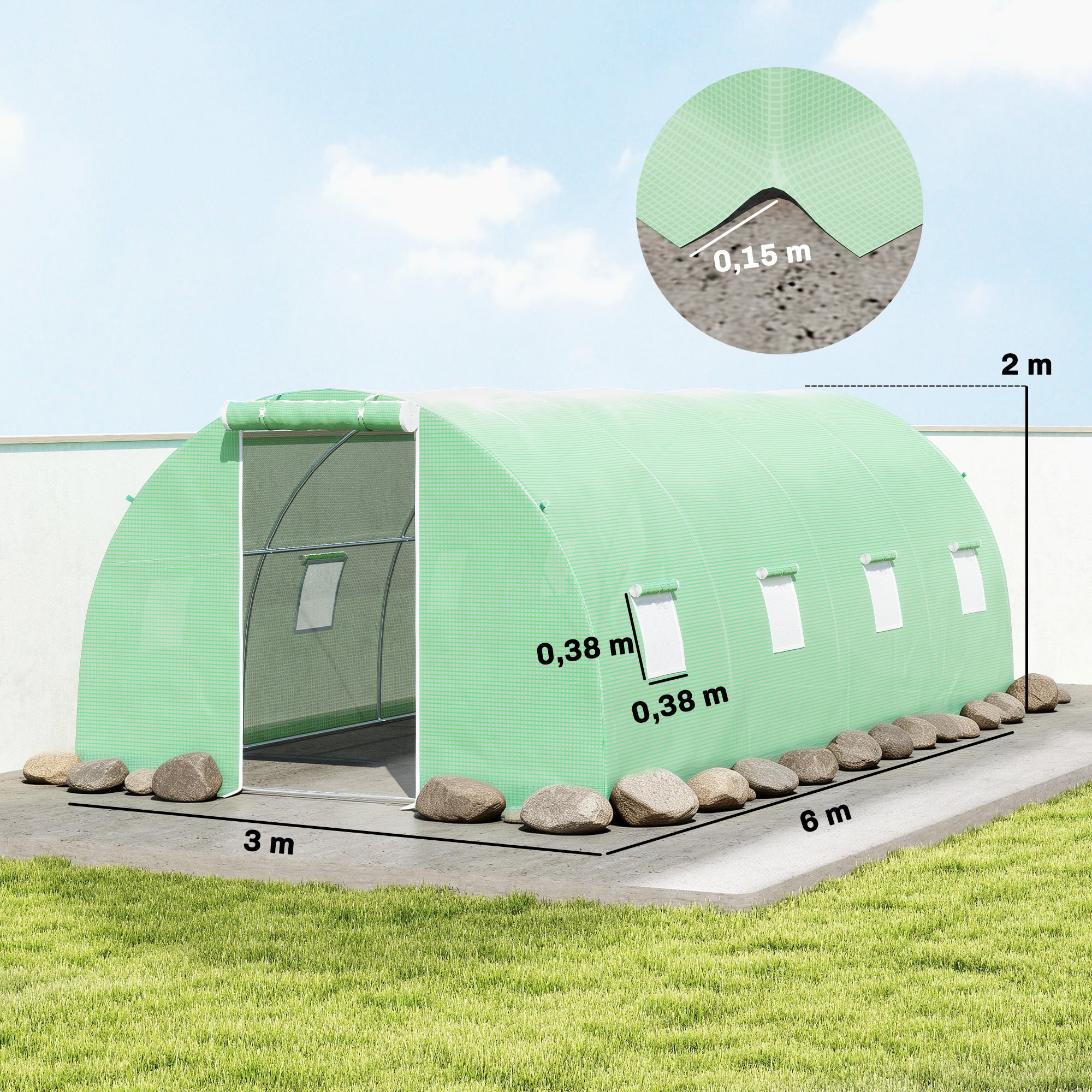 Outsunny Invernadero De Túnel 6x3x2 M Con Puerta Enrollable Y 8 Ventanas Verde - Image 3