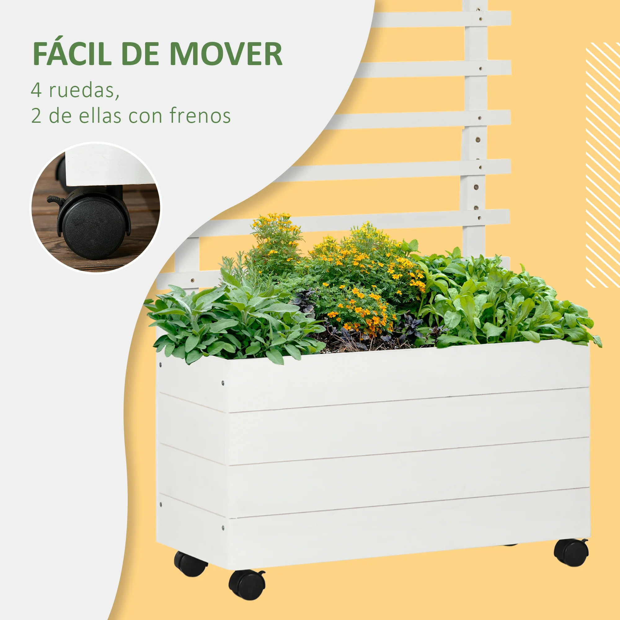 Outsunny Jardinera Con Enrejado Madera Con Ruedas Soporte Para Trepadora Blanco - Image 6