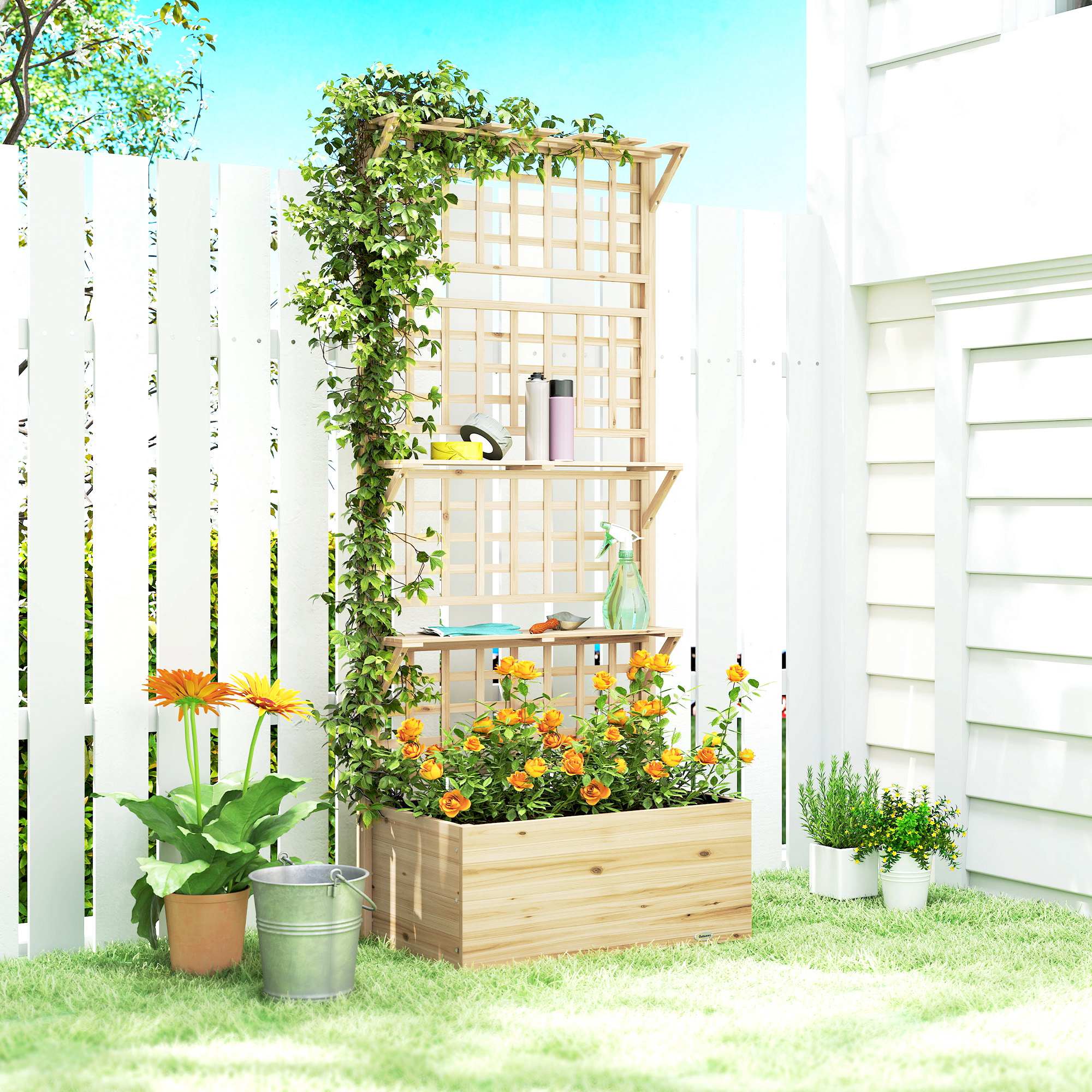Outsunny Jardinera Con Enrejado Y Techo De Madera Con 2 Estantes Natural - Image 5