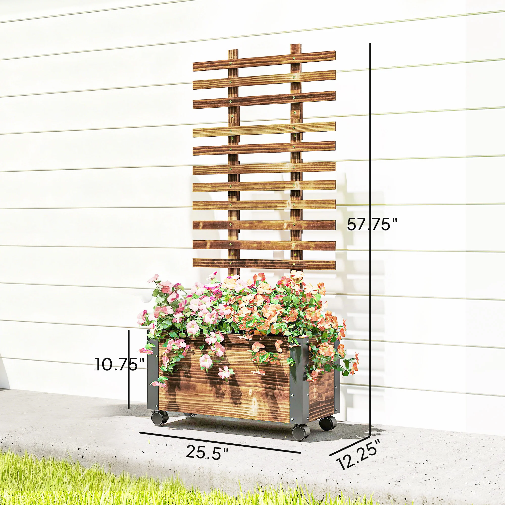 Outsunny Jardinera Con Ruedas Y Celosía 65x31x147 Cm Carbonizado - Image 3