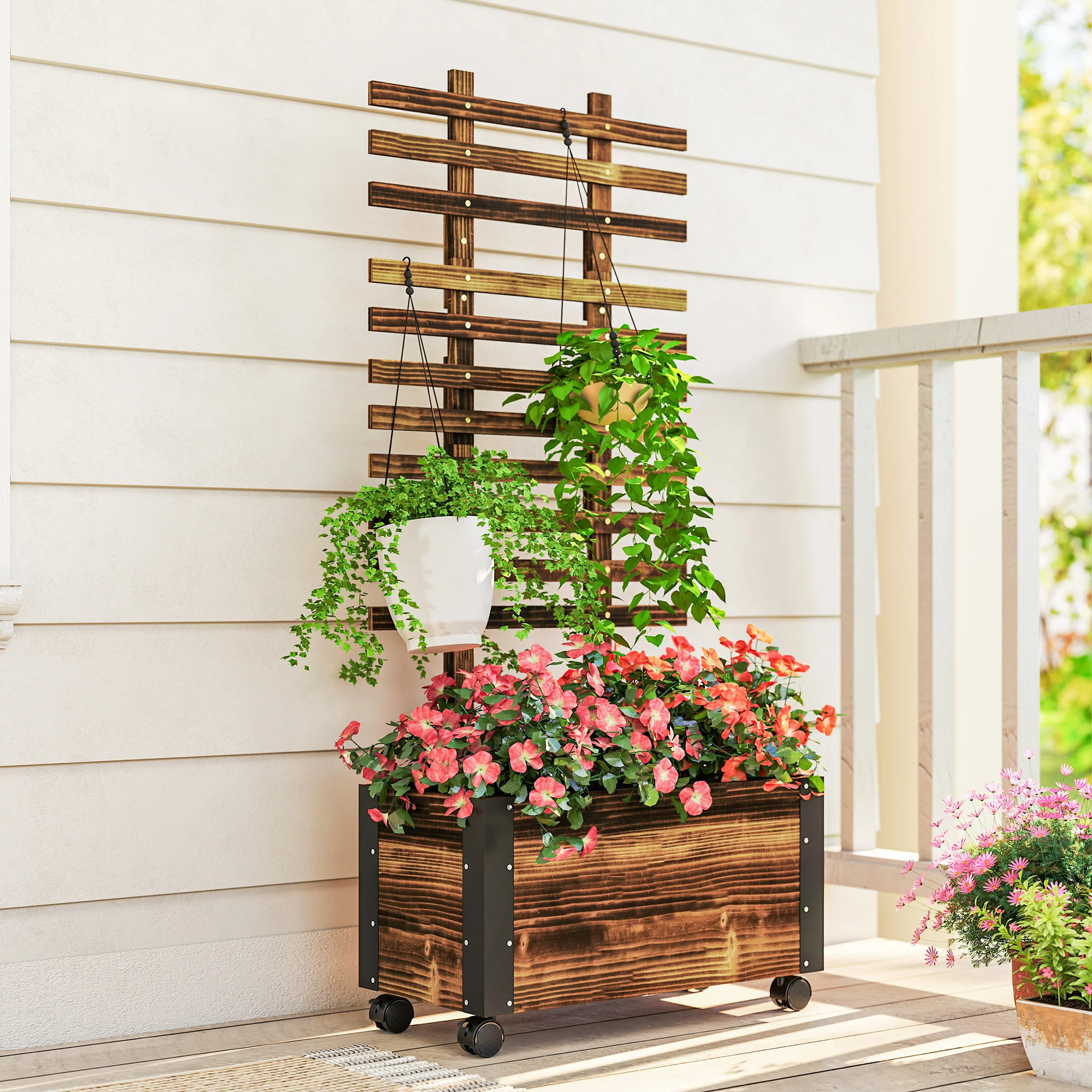 Outsunny Jardinera Con Ruedas Y Celosía 65x31x147 Cm Carbonizado - Image 4