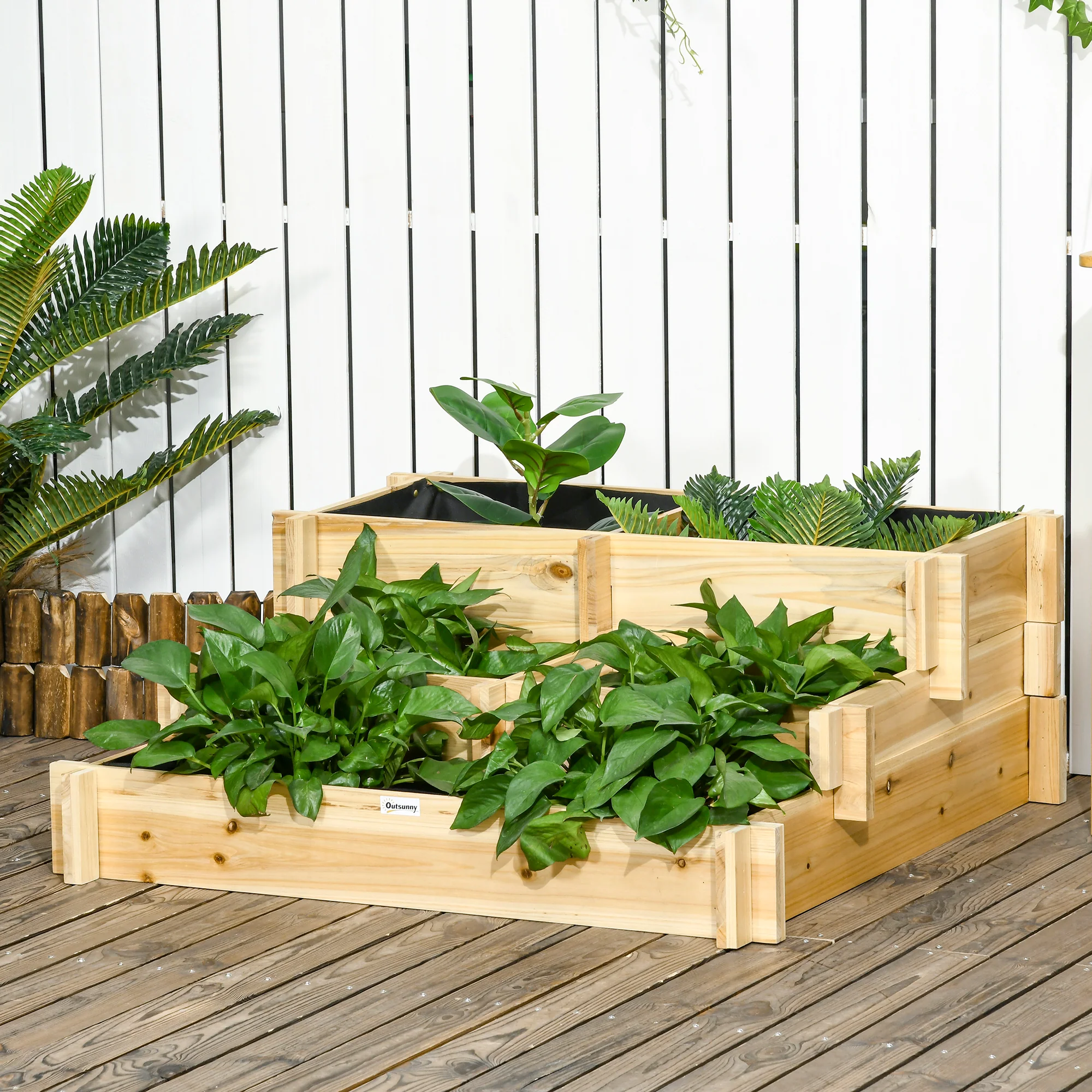 Outsunny Jardinera De Madera Con Diseño De Escalera 93x93x35 Cm Natural - Image 5
