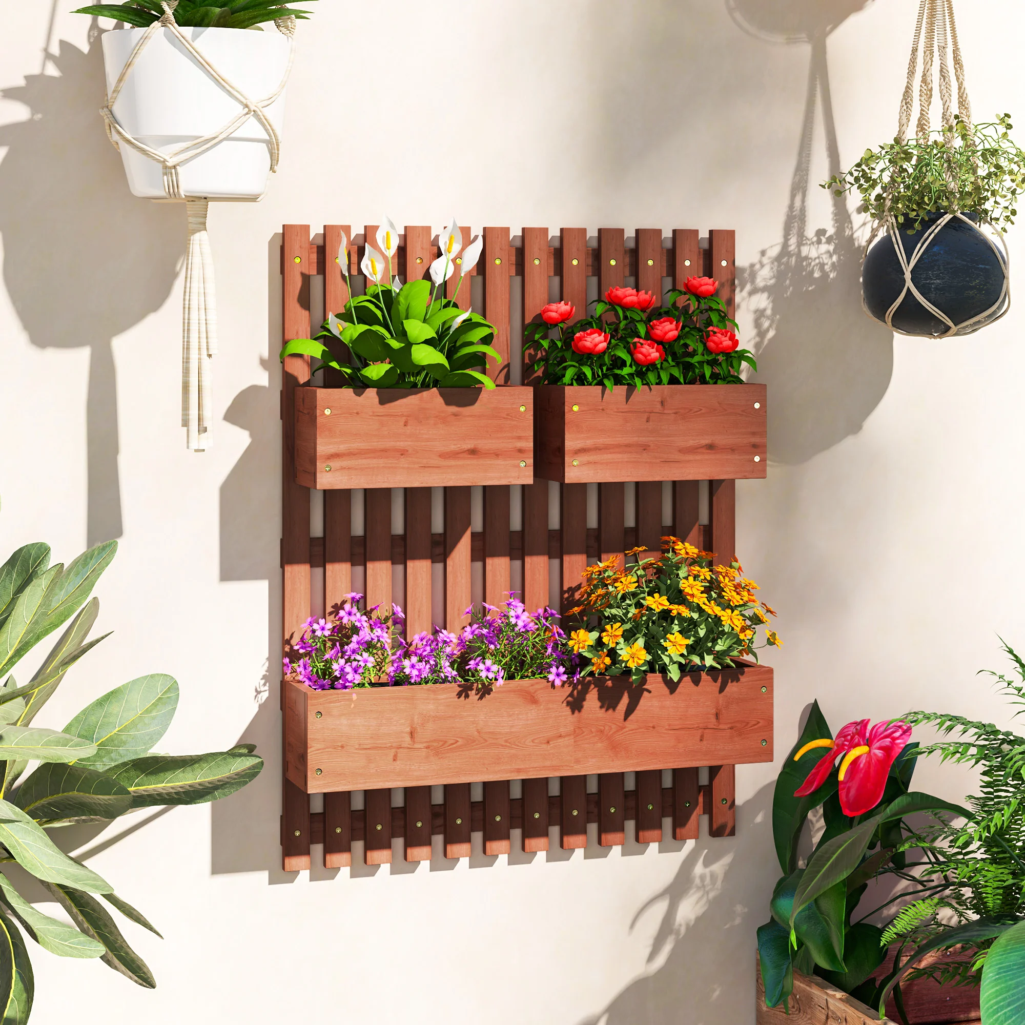 Outsunny Jardinera De Pared Con Enrejado De Madera 3 Macetas Móviles 60x16x80 Cm - Image 2