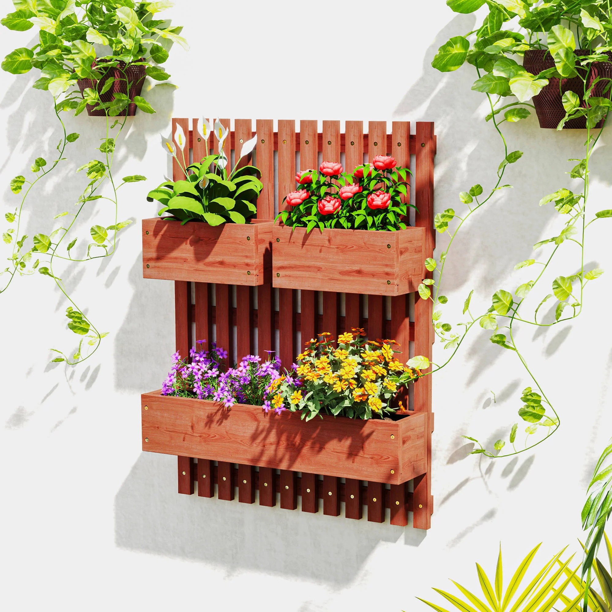 Outsunny Jardinera De Pared Con Enrejado De Madera 3 Macetas Móviles 60x16x80 Cm - Image 4
