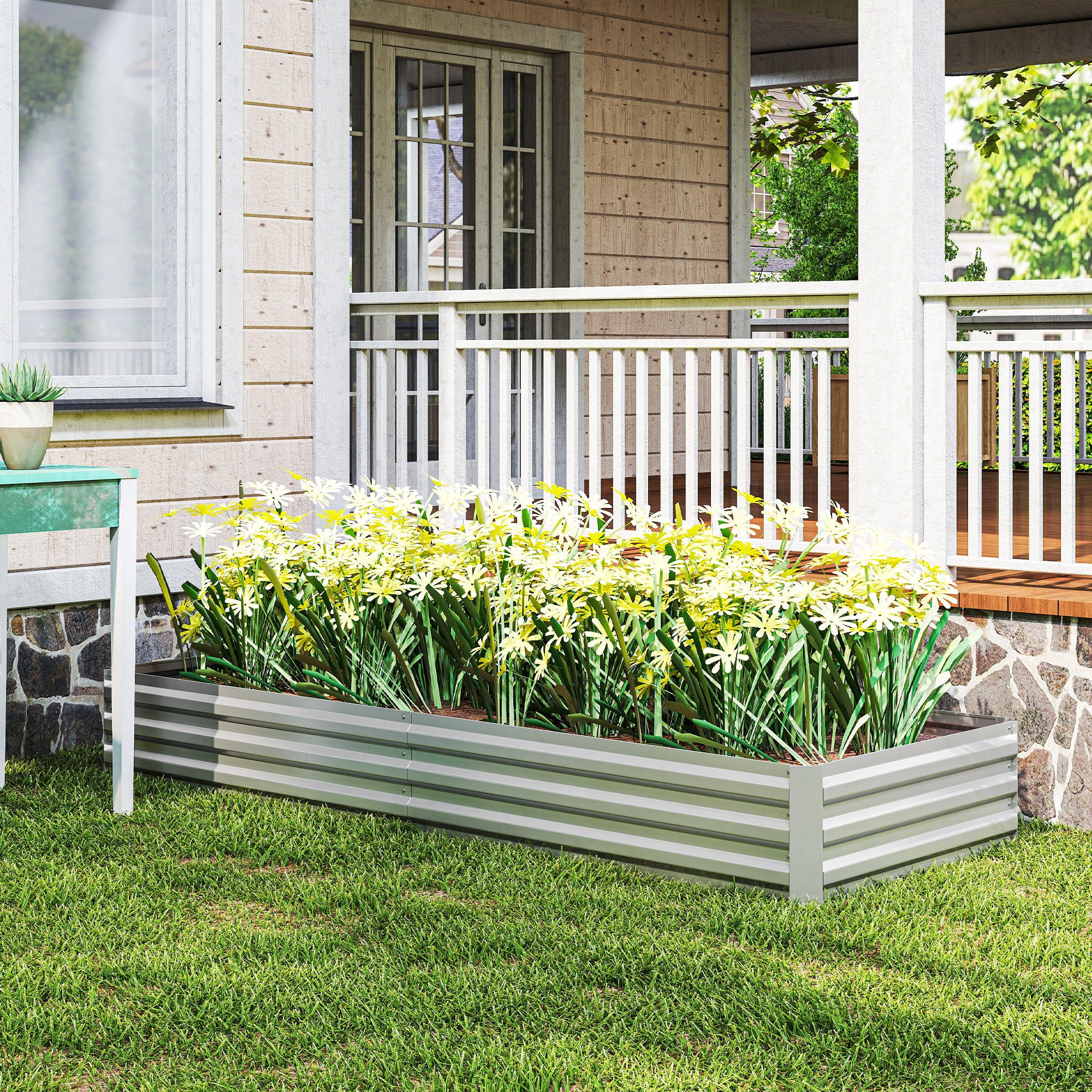 Outsunny Jardinera Exterior Grande De Acero Galvanizado Con Base Abierta Plata - Image 4
