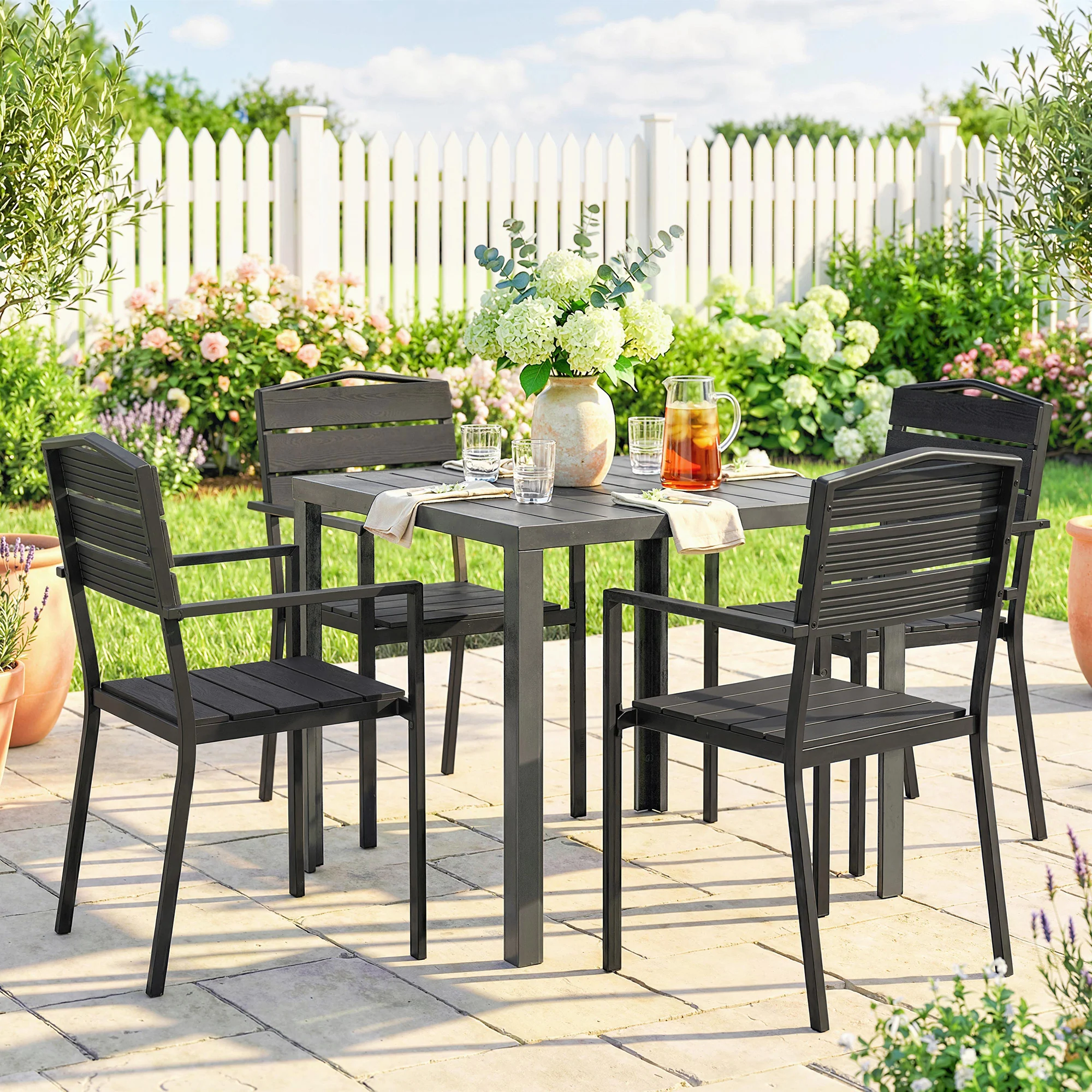 Outsunny Juego De 4 Sillas De Jardín Exterior Apilables 52x51x90 Cm Negro - Image 4
