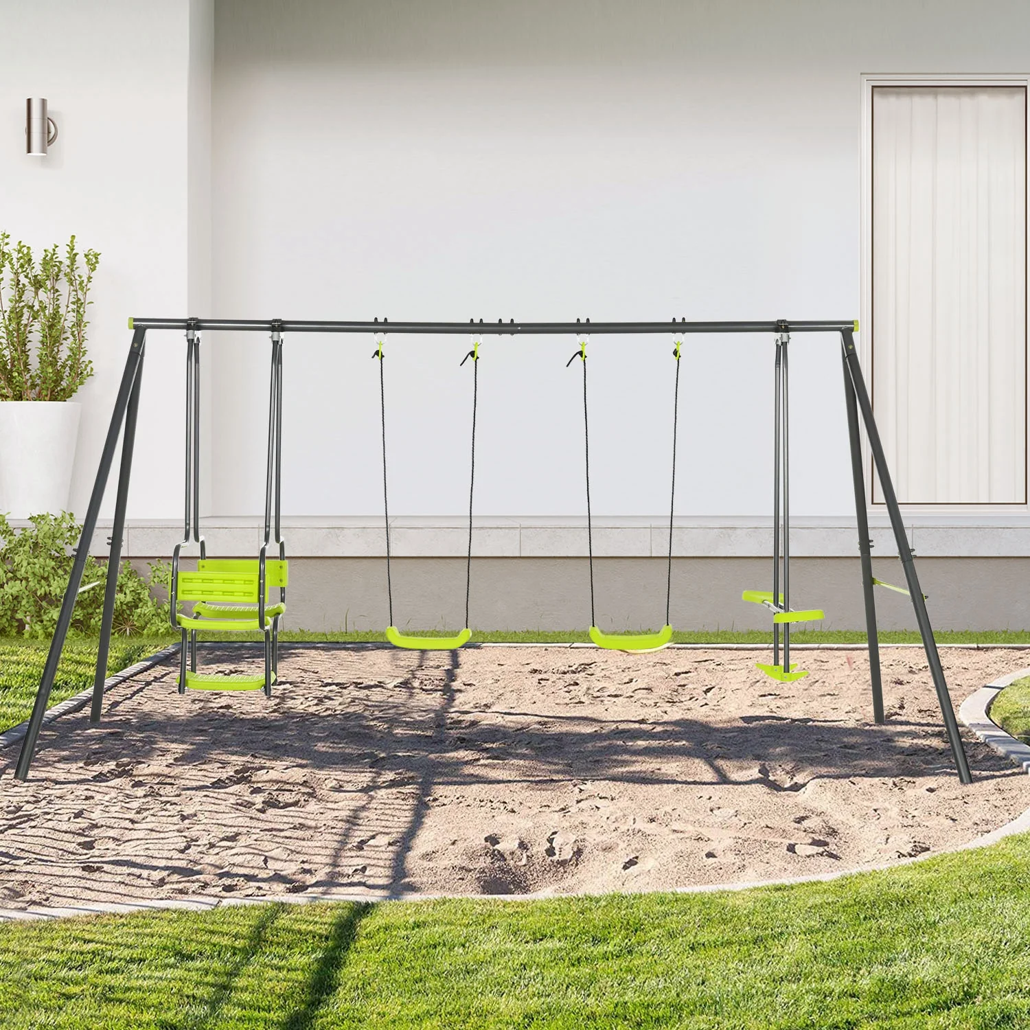 Outsunny Juego De Columpio Infantil Exterior Con 2 Columpios 355x184x186cm Verde - Image 2
