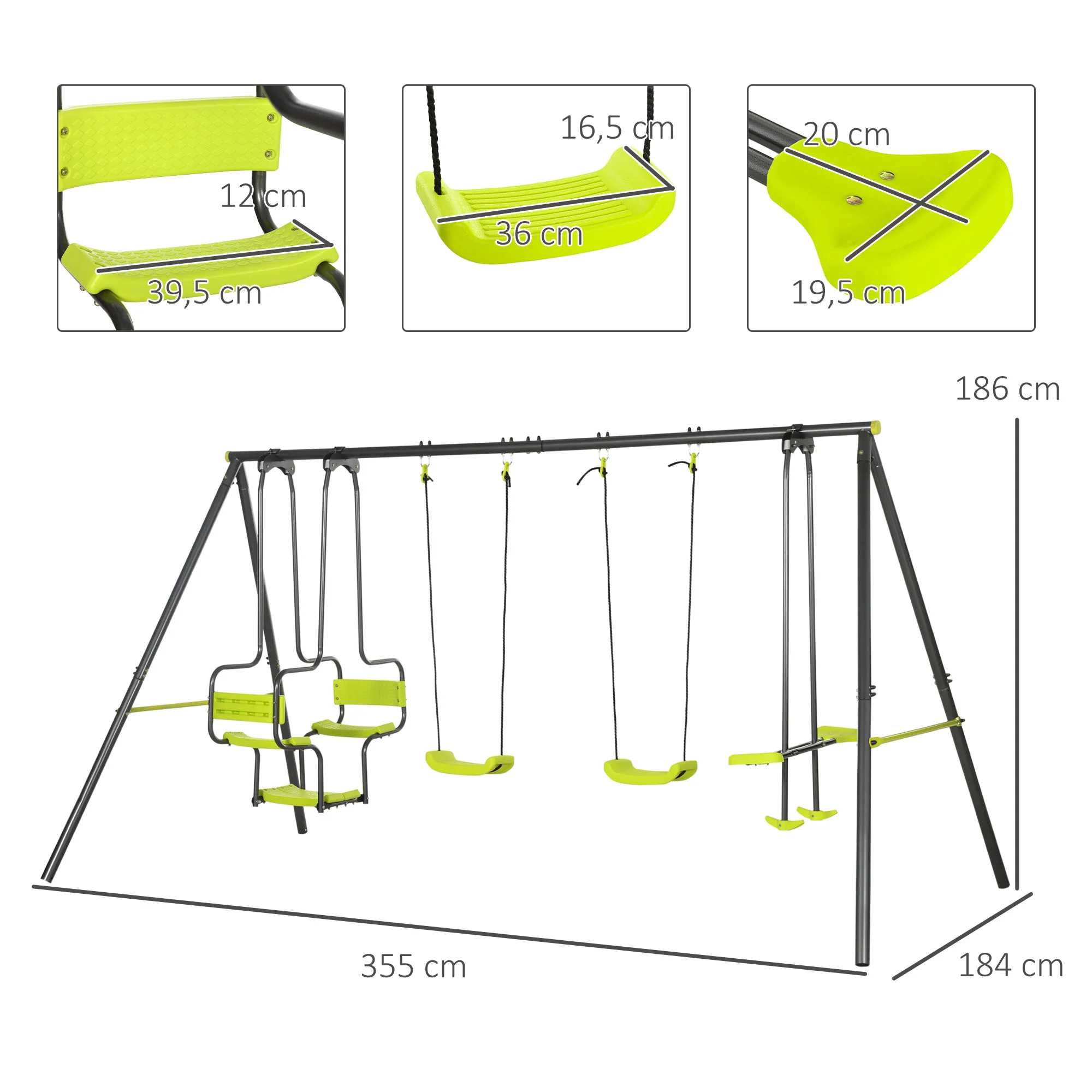 Outsunny Juego De Columpio Infantil Exterior Con 2 Columpios 355x184x186cm Verde - Image 3