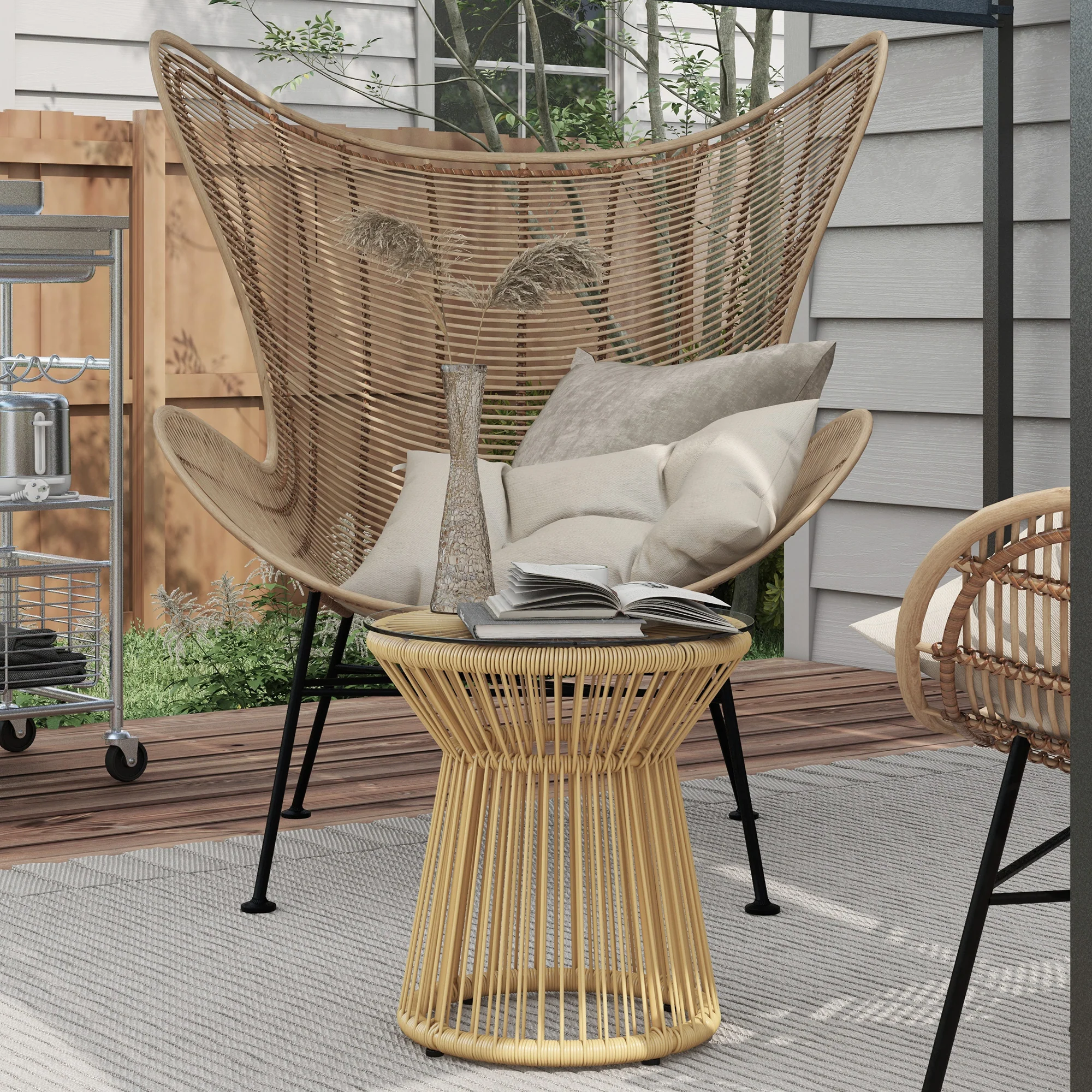 Outsunny Mesa Auxiliar De Ratán Sintético Con Marco De Metal Ø40x42 Cm Beige - Image 2