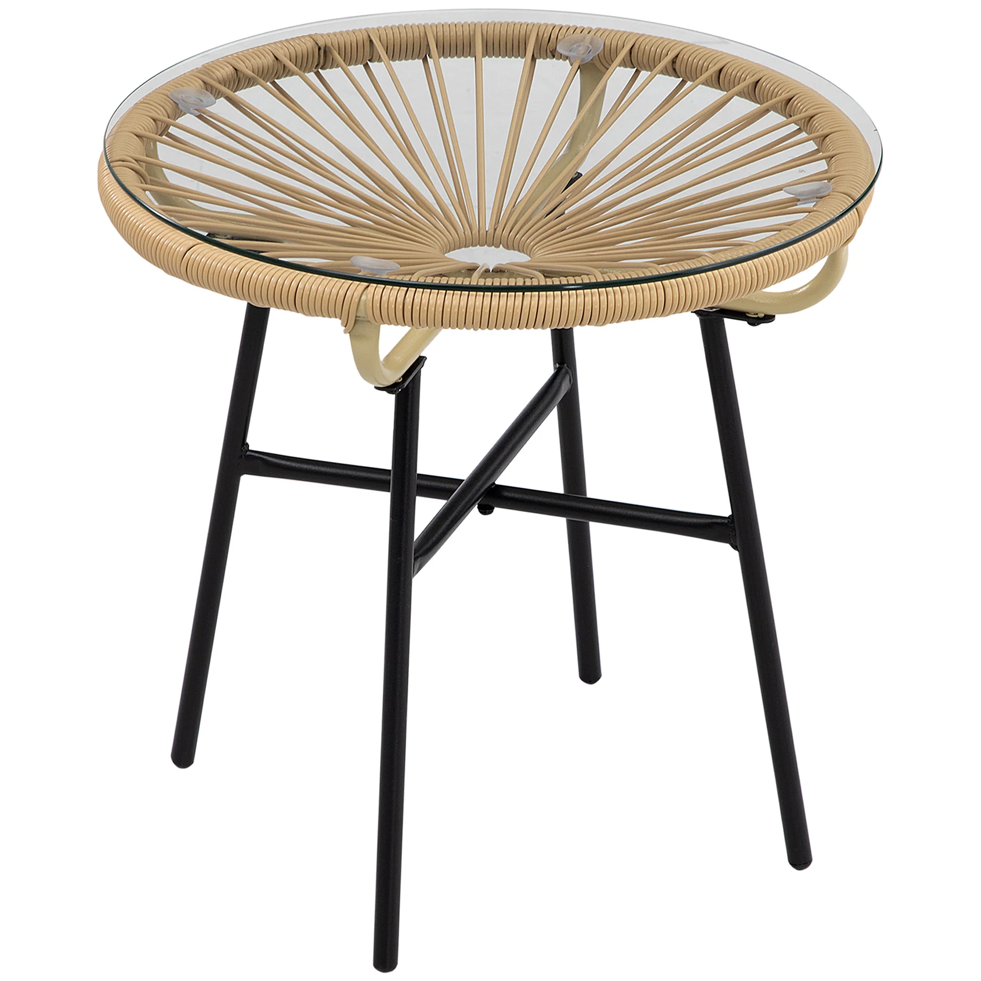 Outsunny Mesa Auxiliar Ratán Sintético Con Tablero De Vidrio Templado Ø50x50 Cm