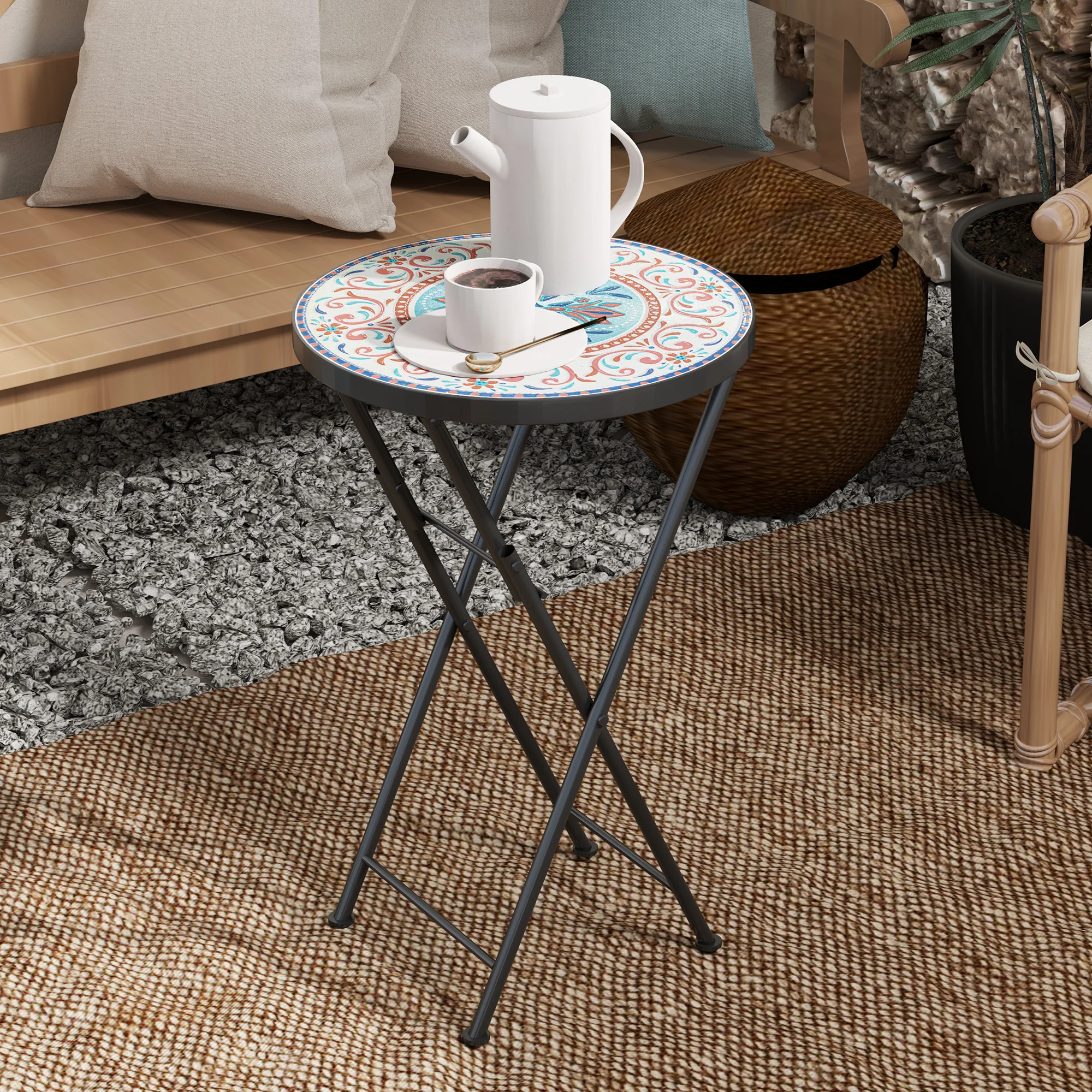 Outsunny Mesa Auxiliar Redonda Plegable Con Encimera De Mosaico Multicolor - Image 4