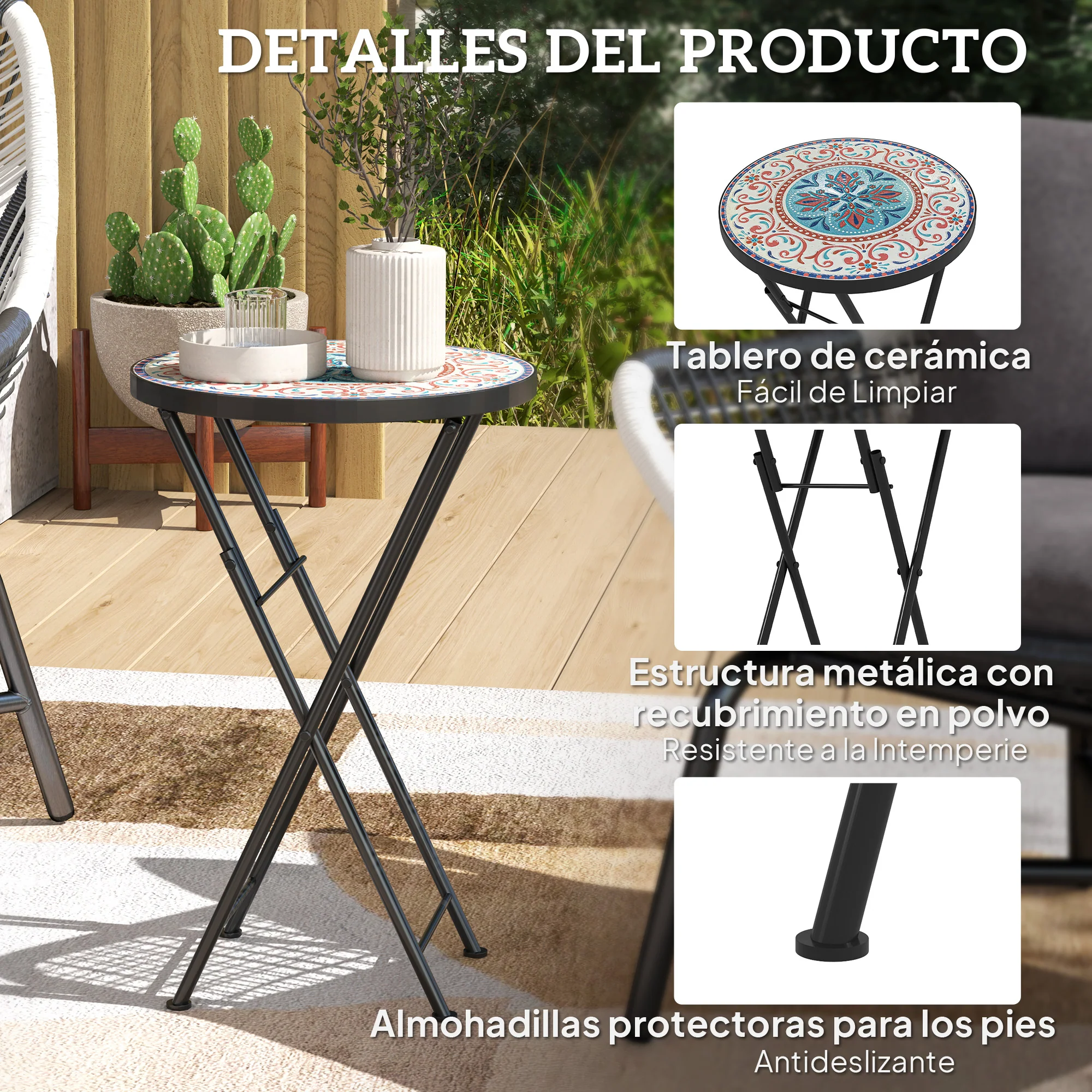 Outsunny Mesa Auxiliar Redonda Plegable Con Encimera De Mosaico Multicolor - Image 6