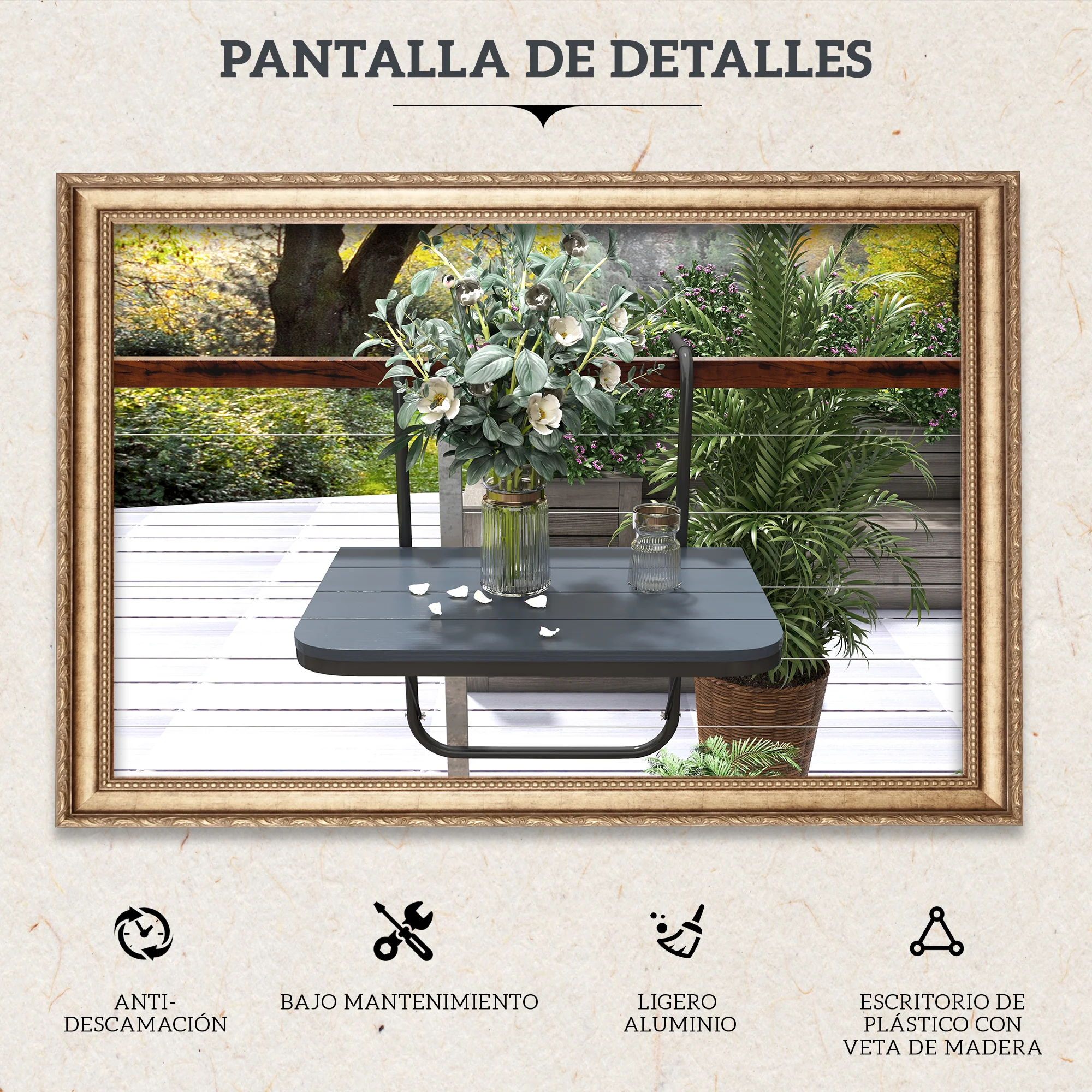 Outsunny Mesa Colgante De Balcón Plegable De Aluminio 60x40x55-64 Cm Negro - Image 6