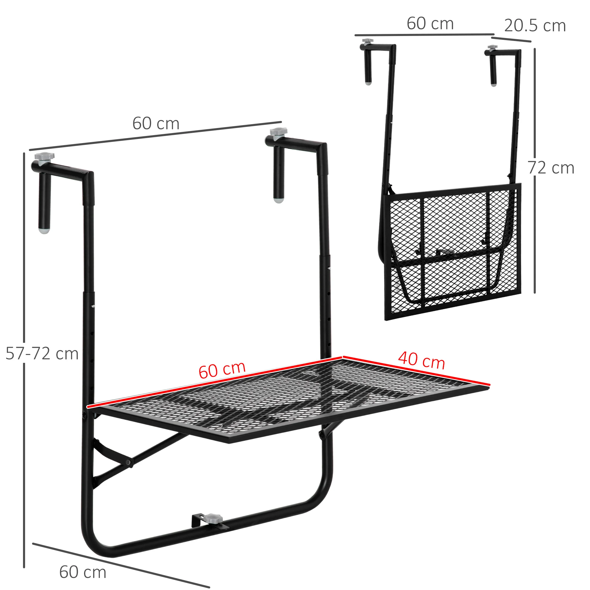 Outsunny Mesa Colgante De Balcón Plegable De Metal 60x60x57-72 Cm Negro - Image 3