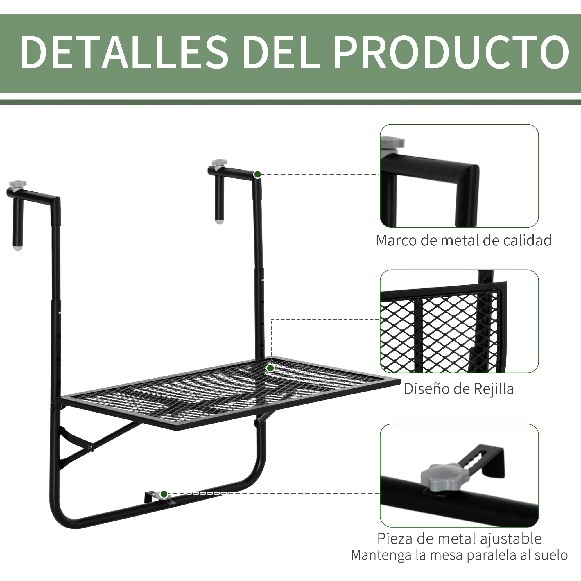 Outsunny Mesa Colgante De Balcón Plegable De Metal 60x60x57-72 Cm Negro - Image 6