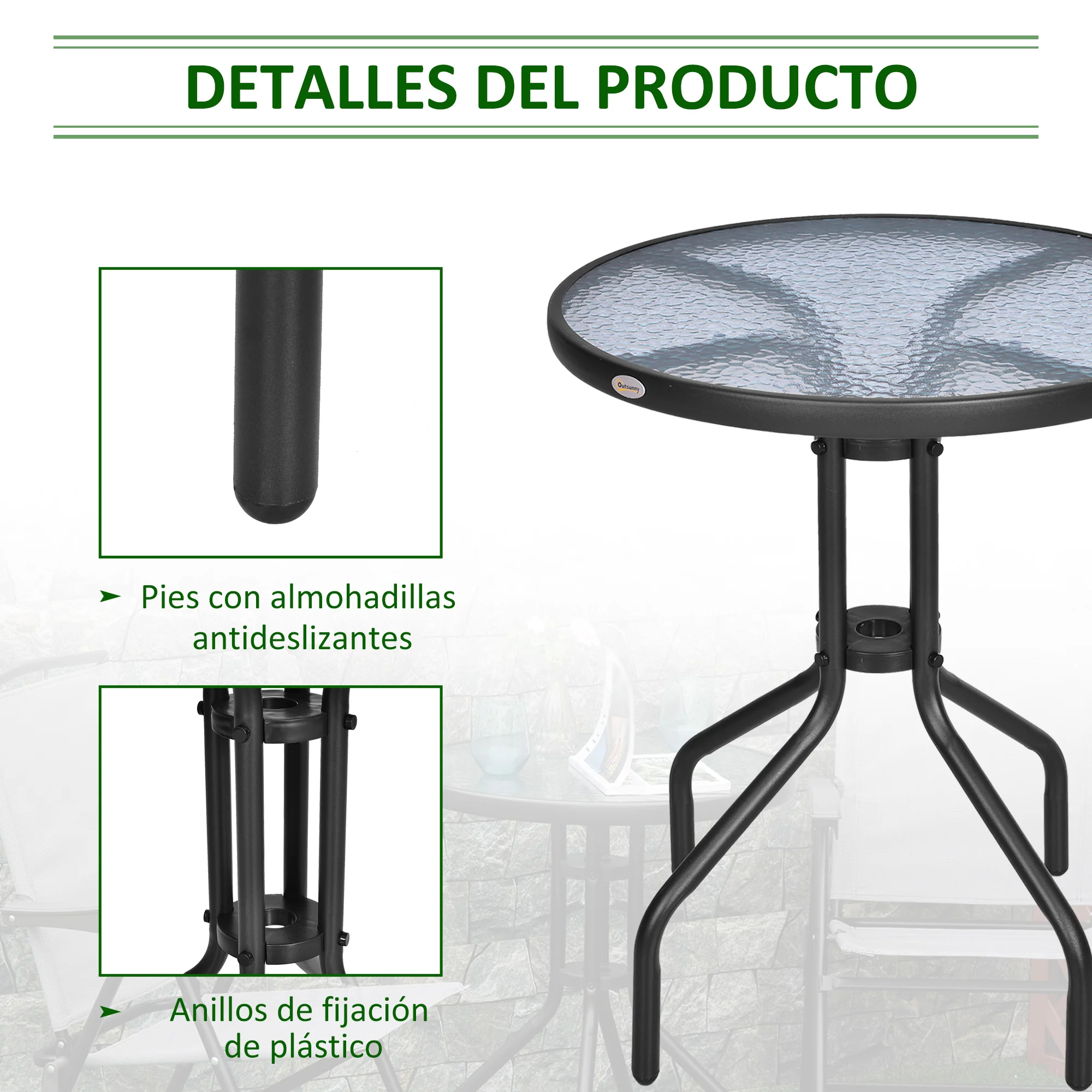 Outsunny Mesa De Jardín Redonda Con Vidrio Templado Marco Metal Ø60x70 Cm Negro - Image 6
