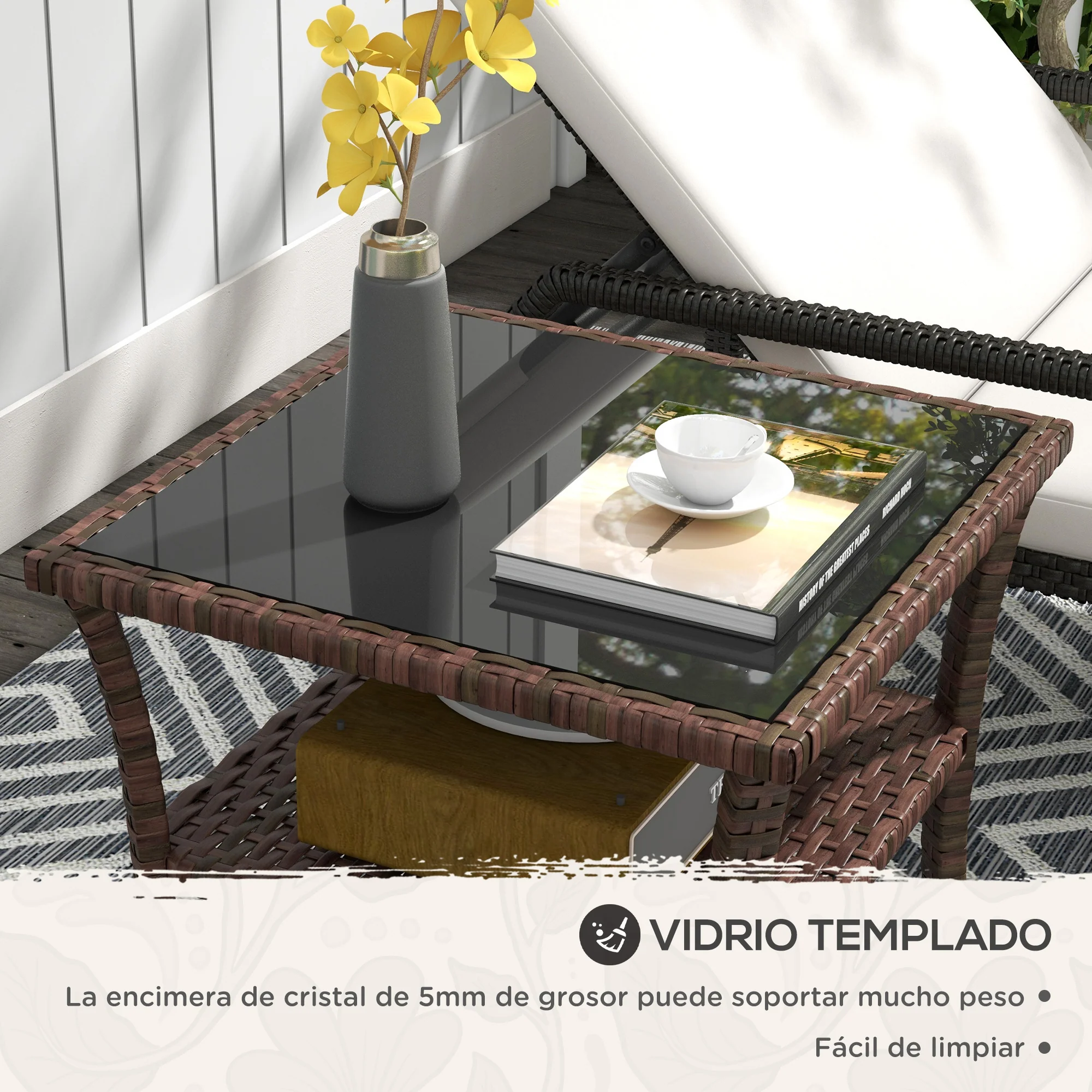 Outsunny Mesa De Ratán Pe Cuadrada 50x50x45 Cm Con Estante Marco De Acero Marrón - Image 6
