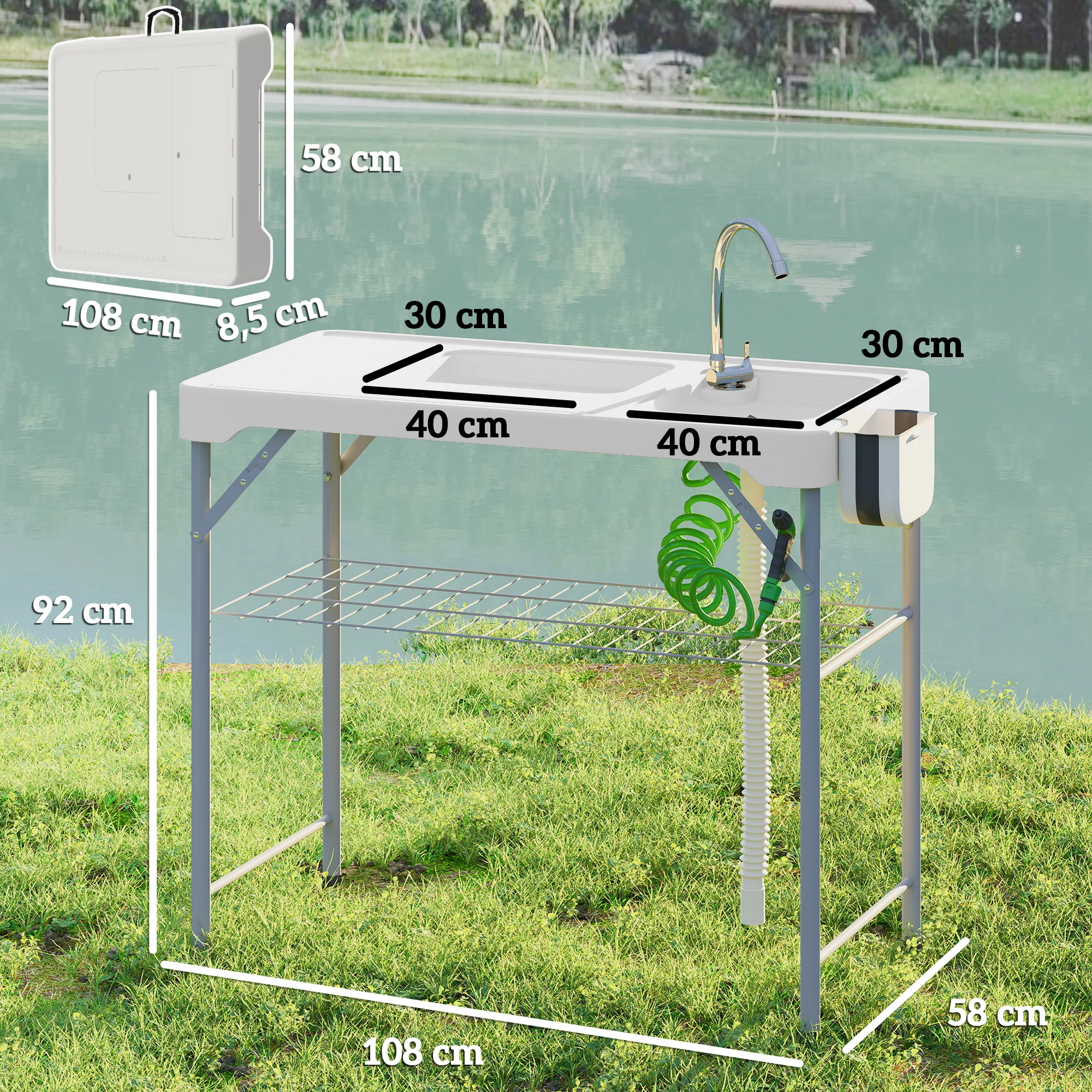 Outsunny Mesa Para Limpiar Pescado Portátil Con 2 Fregaderos Blanco - Image 3
