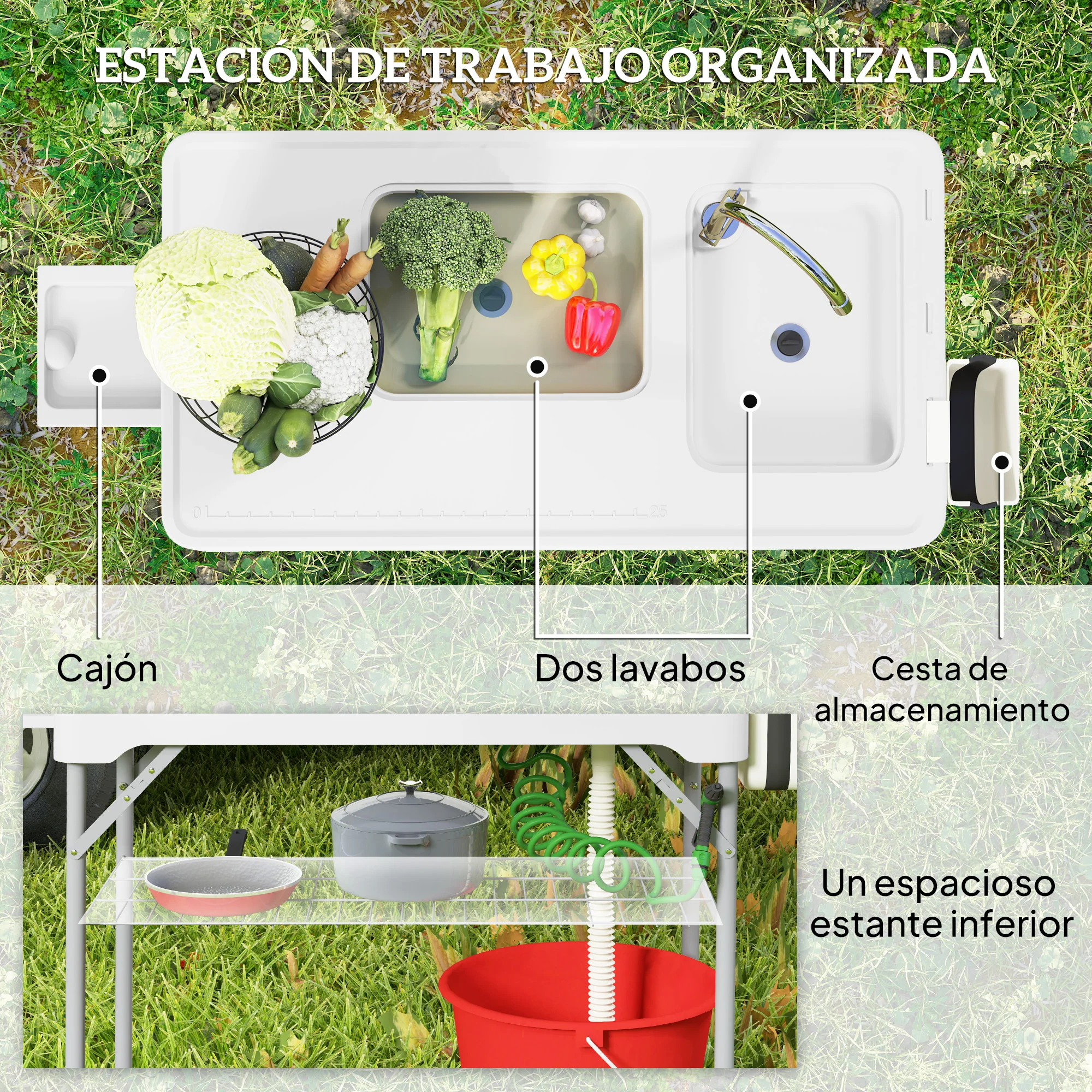 Outsunny Mesa Para Limpiar Pescado Portátil Con 2 Fregaderos Blanco - Image 6