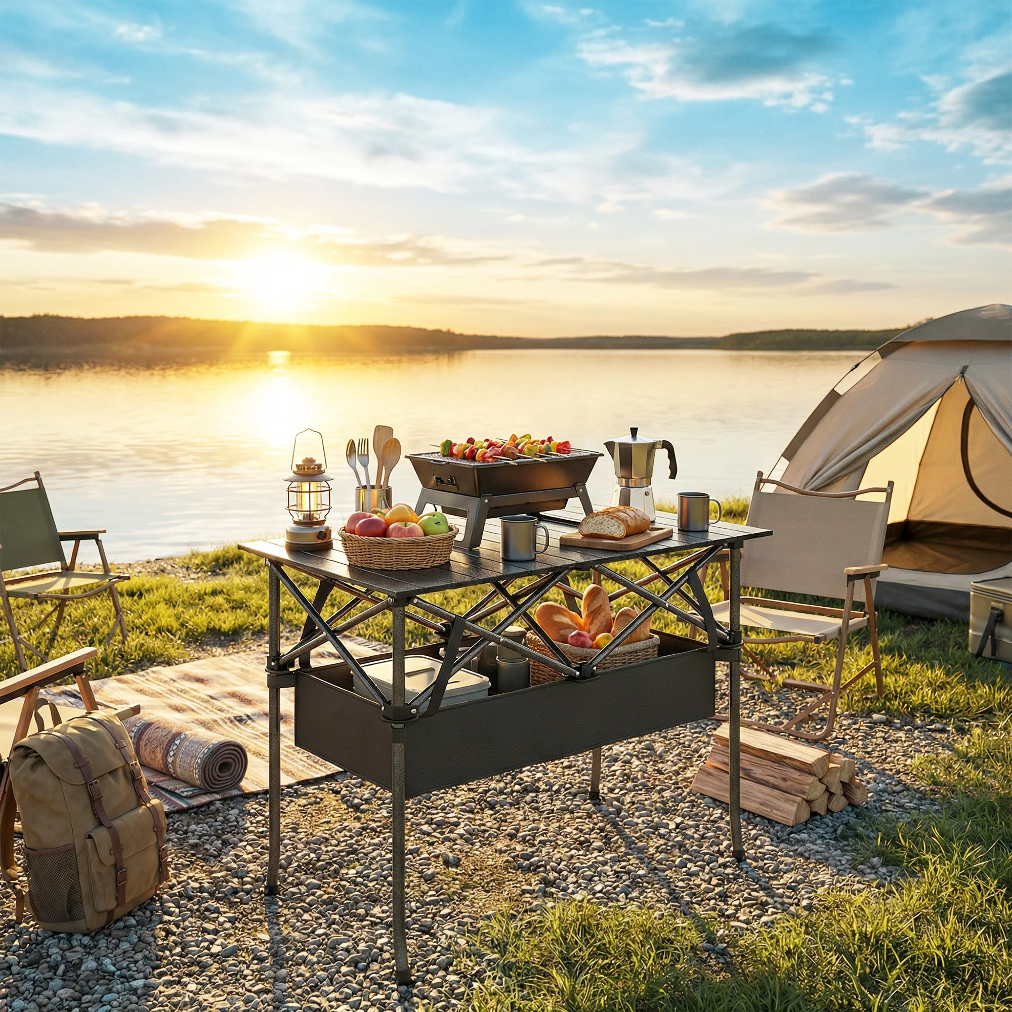Outsunny Mesa Plegable Camping 93x55x68 Cm Con Red De Almacenamiento Negro - Image 2