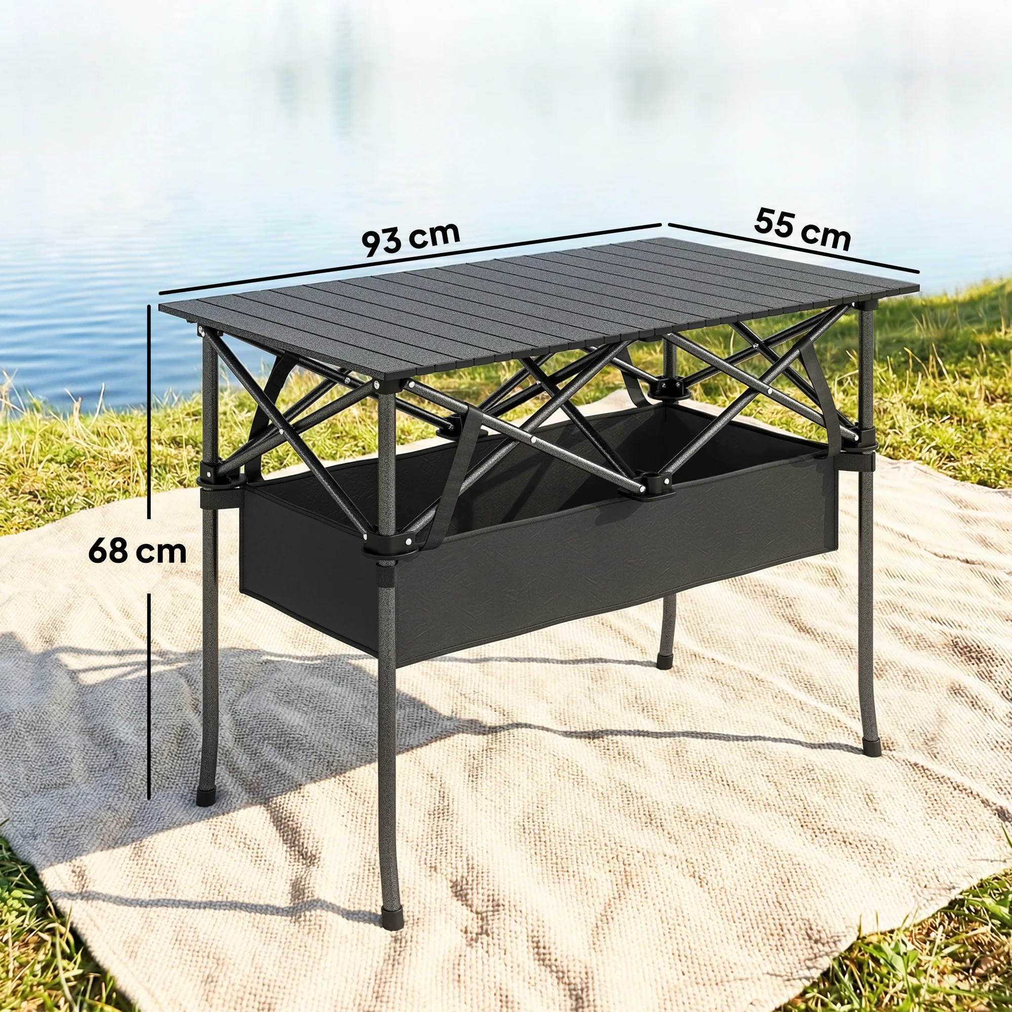 Outsunny Mesa Plegable Camping 93x55x68 Cm Con Red De Almacenamiento Negro - Image 3