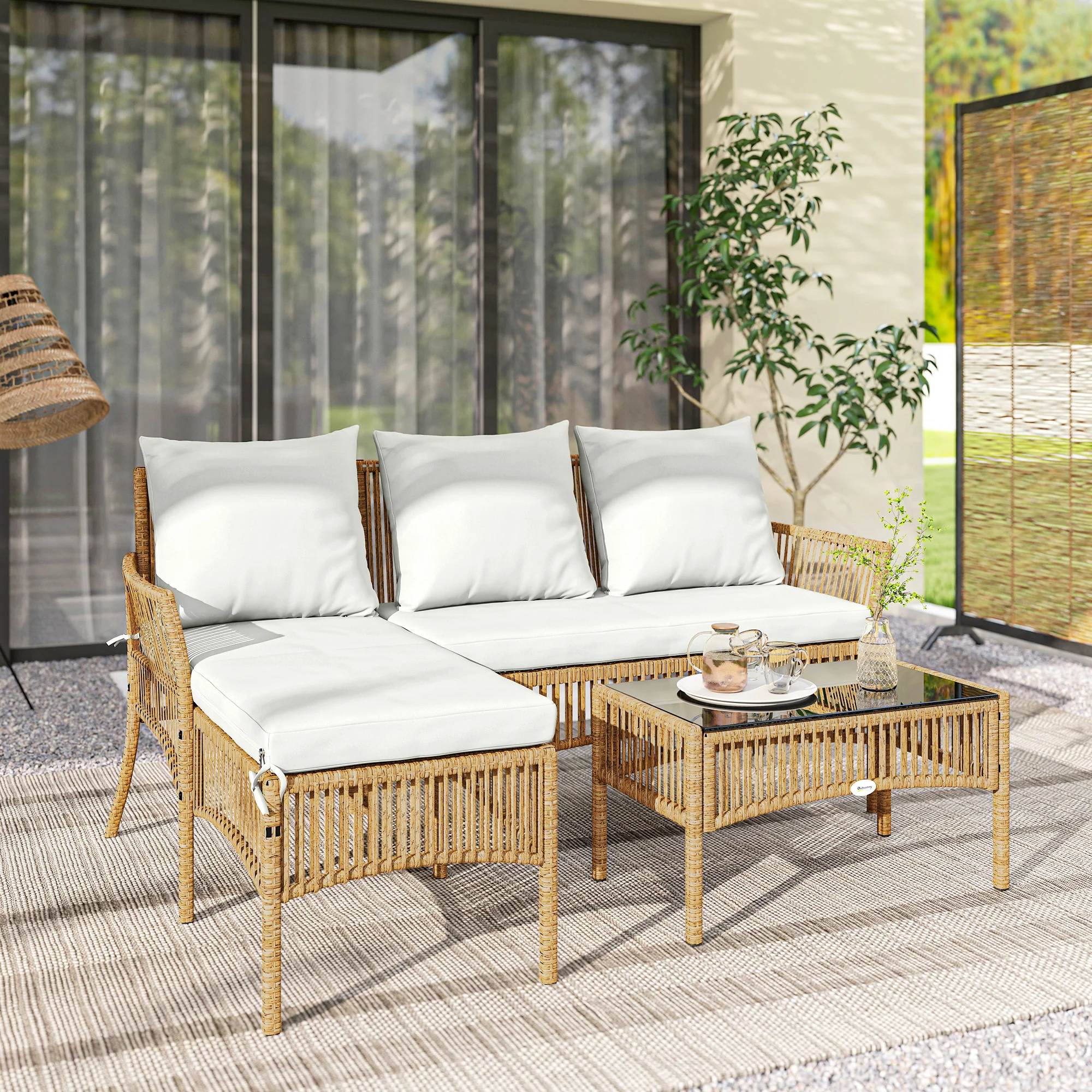 Outsunny Muebles Jardín Ratán 3 Piezas Cojines, Blanco Crema - Image 2