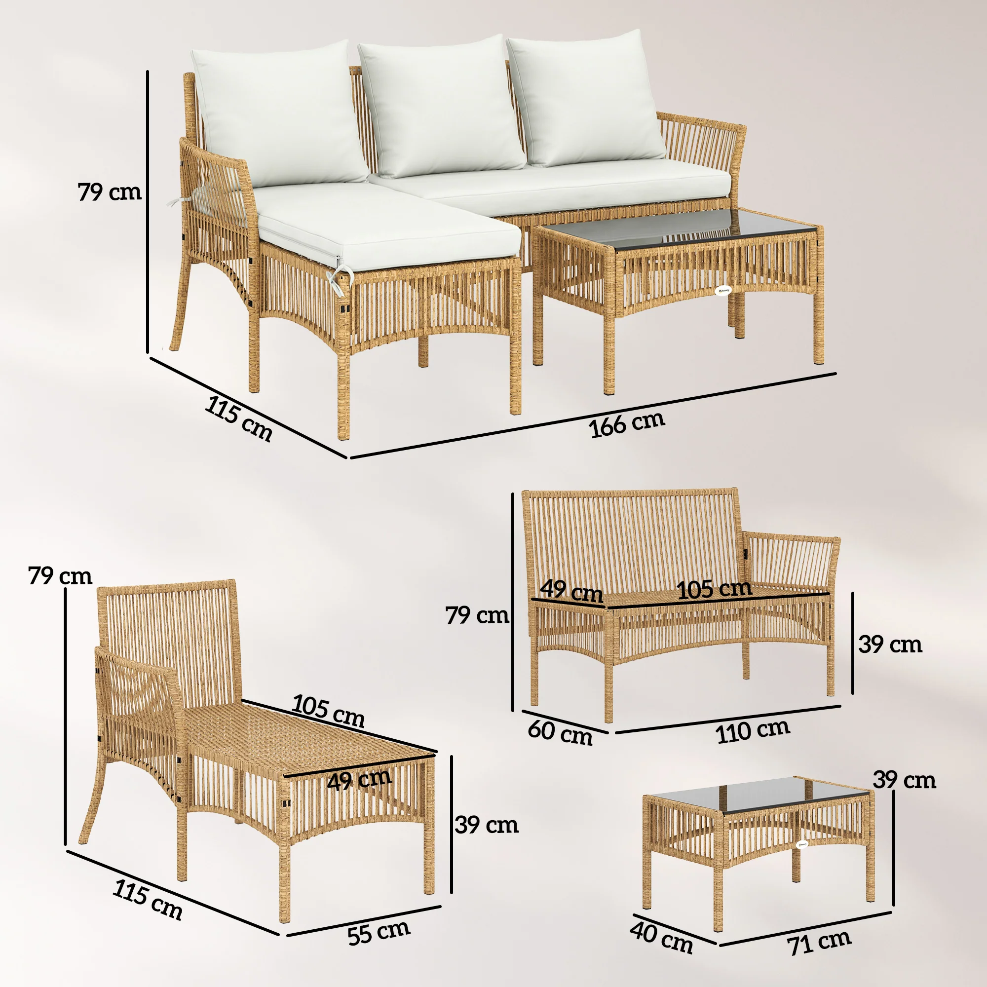 Outsunny Muebles Jardín Ratán 3 Piezas Cojines, Blanco Crema - Image 3