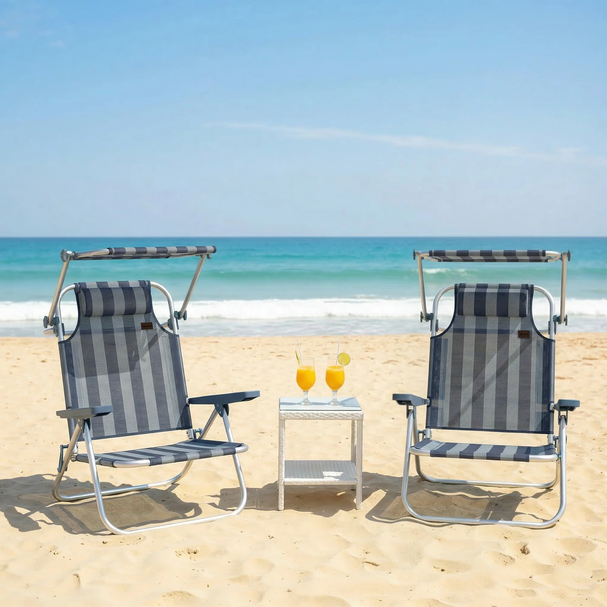 Outsunny Pack De 2 Sillas De Playa Plegables Respaldo Reclinable Azul Y Blanco - Image 2