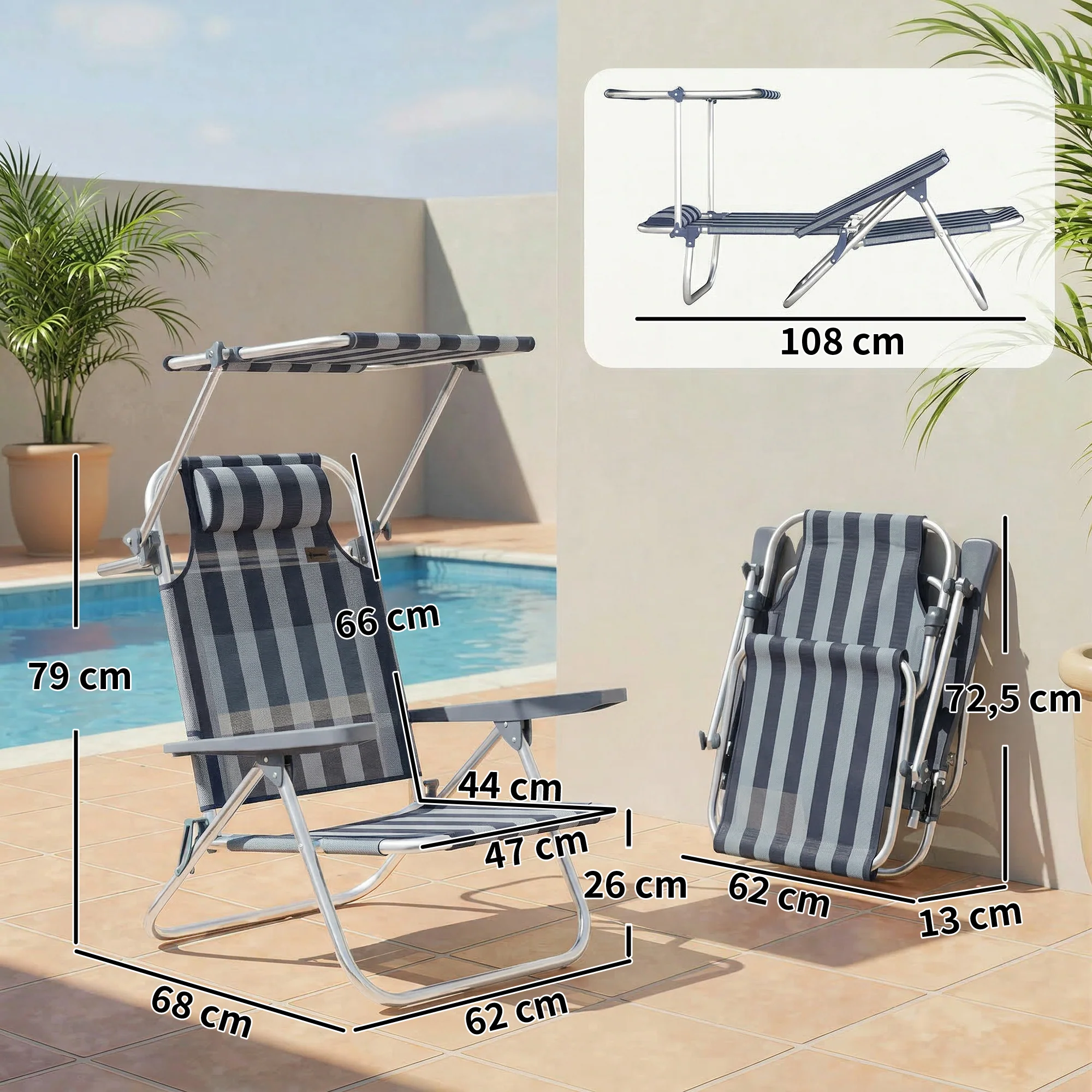 Outsunny Pack De 2 Sillas De Playa Plegables Respaldo Reclinable Azul Y Blanco - Image 3