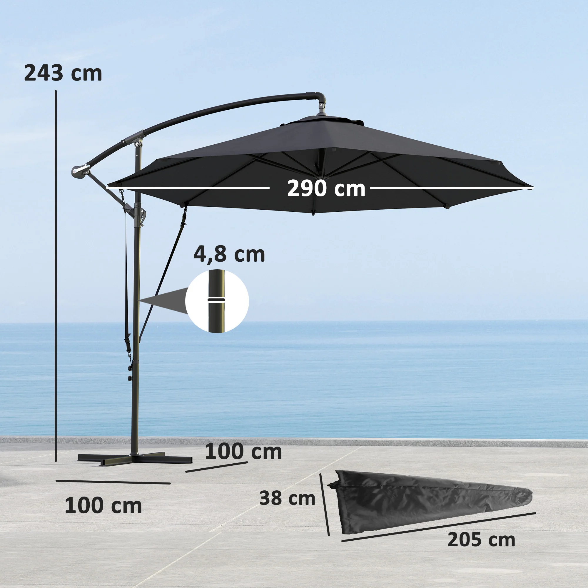 Outsunny Parasol Excéntrico Ø 290 Cm Con Base Cruzada Manivela Anti-uv 50+ Gris - Image 3