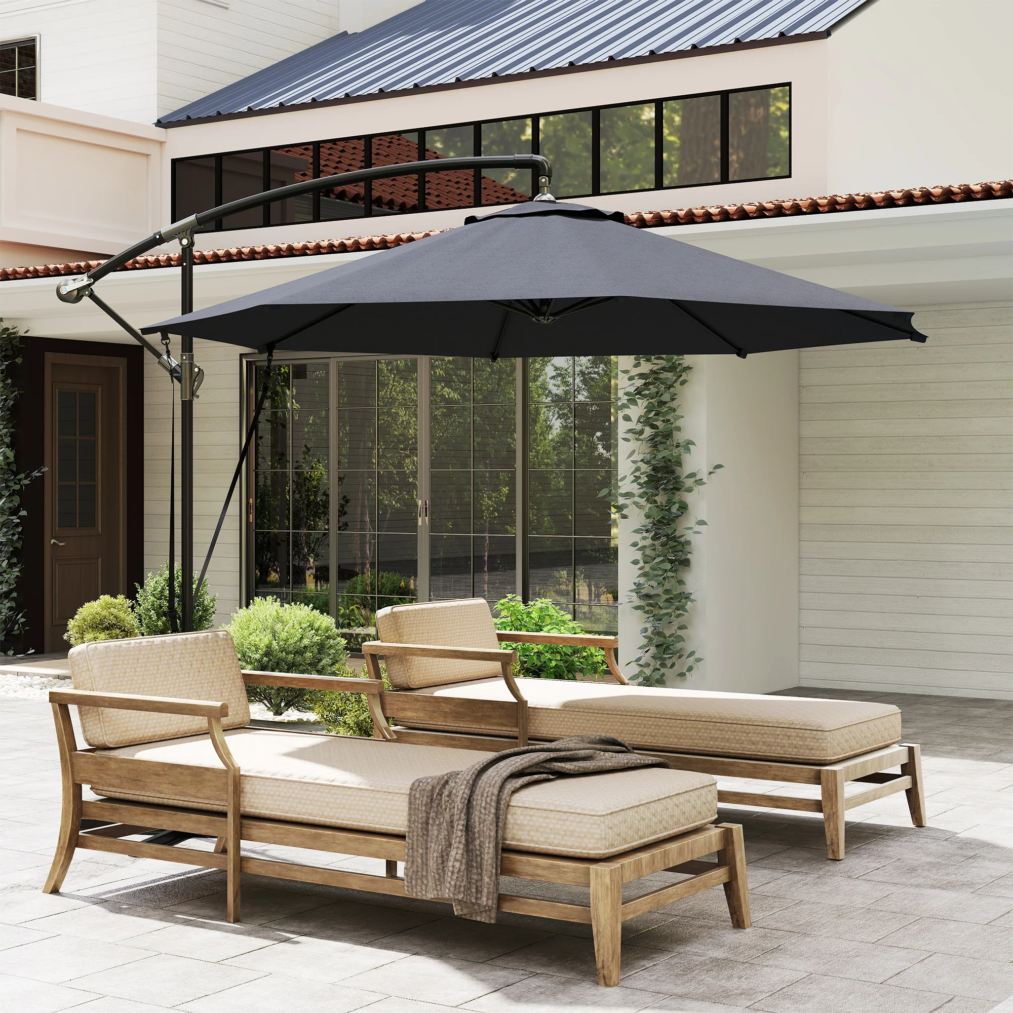 Outsunny Parasol Excéntrico Ø 290 Cm Con Base Cruzada Manivela Anti-uv 50+ Gris - Image 5