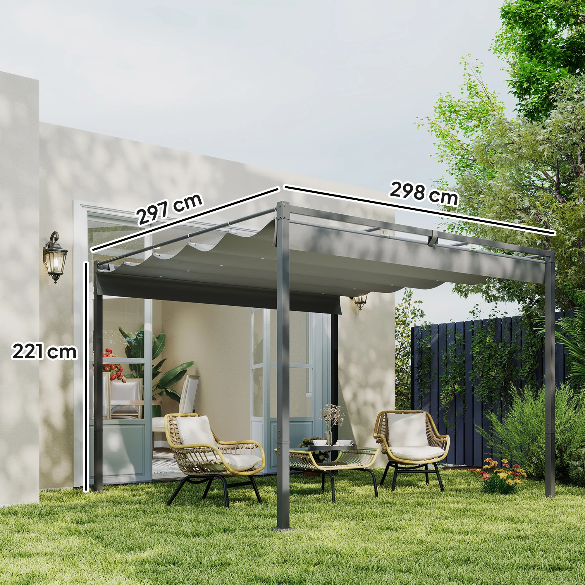 Outsunny Pérgola Con Techo Retráctil Pérgola De 3x3 M Con Cierre Magnético Gris - Image 3