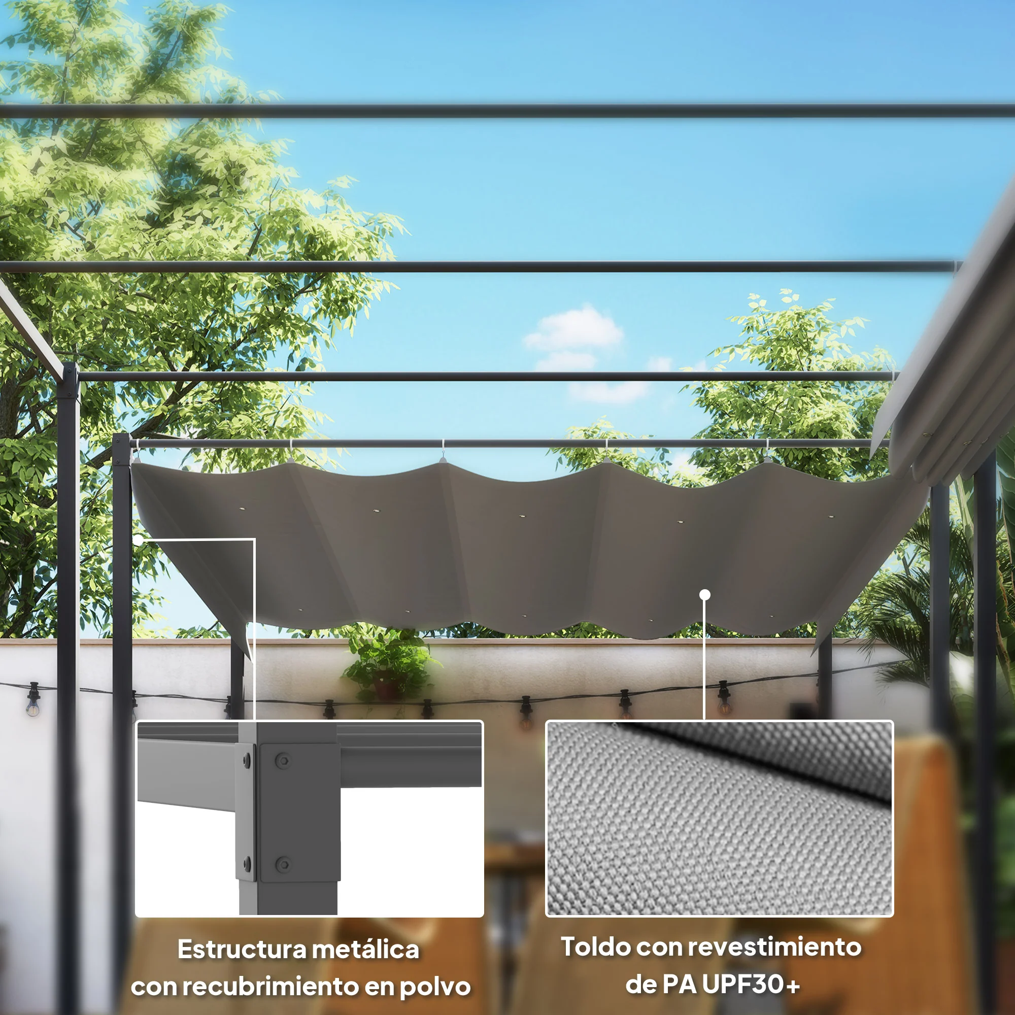 Outsunny Pérgola Con Techo Retráctil Pérgola De 3x3 M Con Cierre Magnético Gris - Image 6