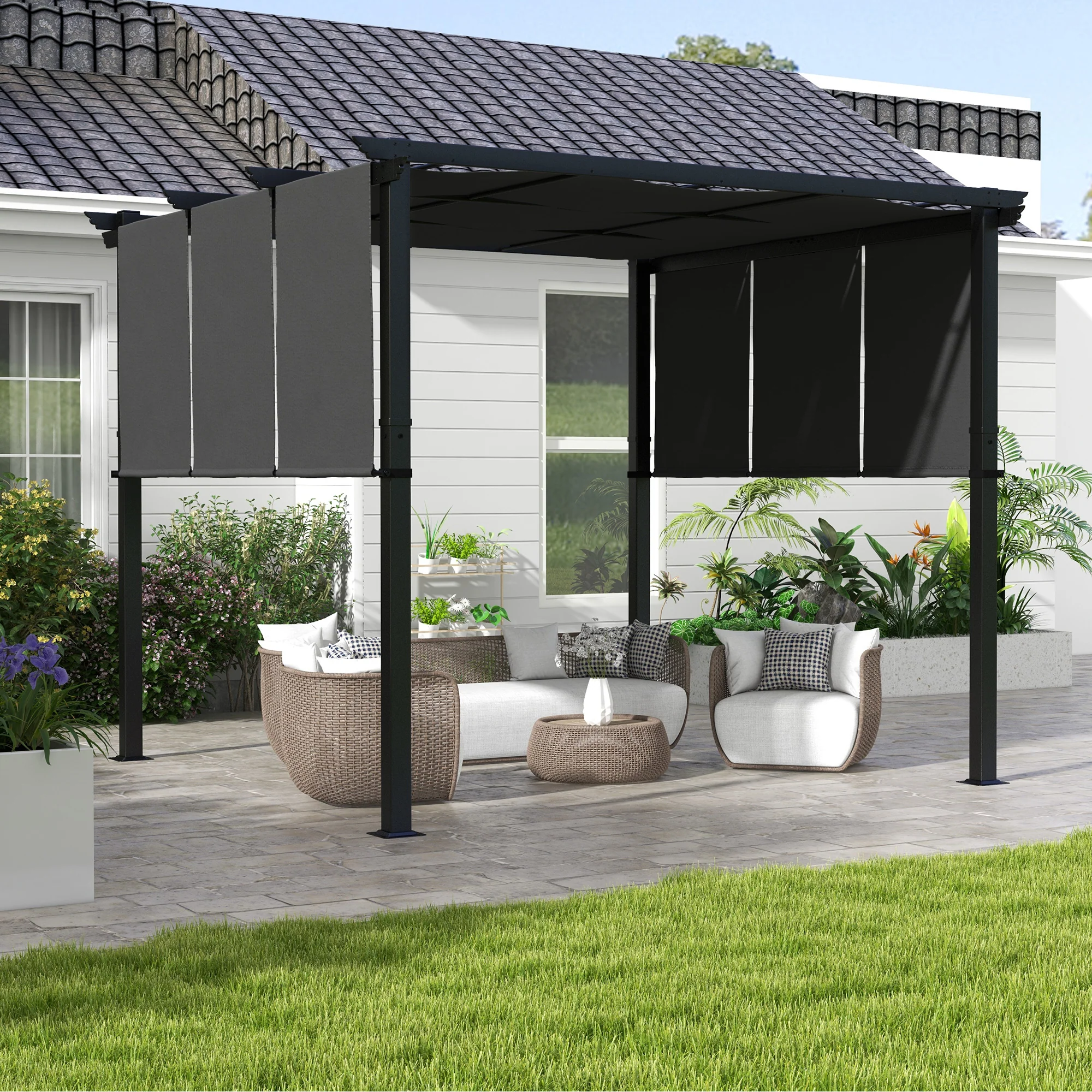Outsunny Pérgola De Jardín 3x3 M Con Techo Retráctil Marco De Acero Gris Oscuro - Image 2