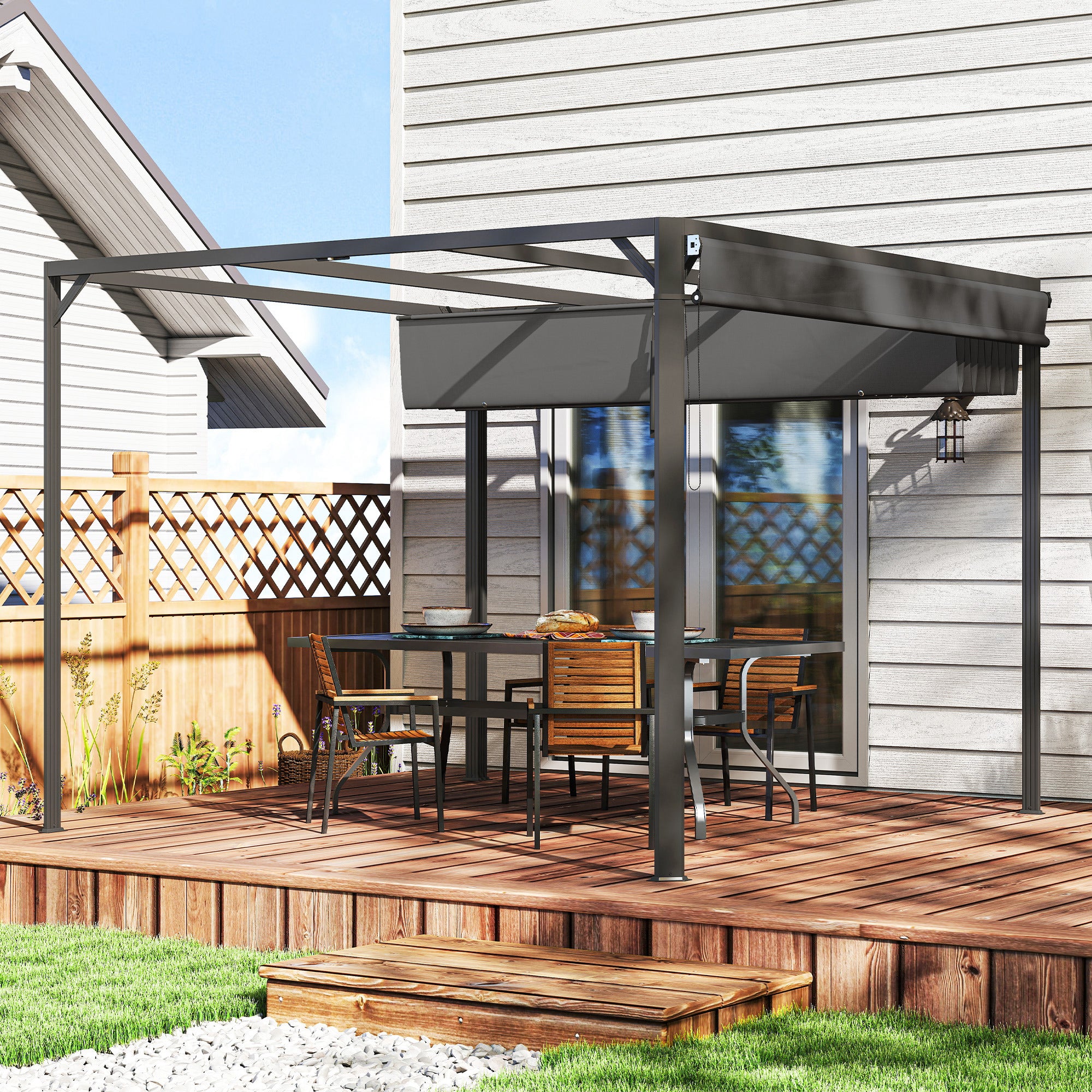 Outsunny Pérgola De Jardín 3x3 M Con Techo Retráctil Y Lateral Enrollable Gris - Image 2