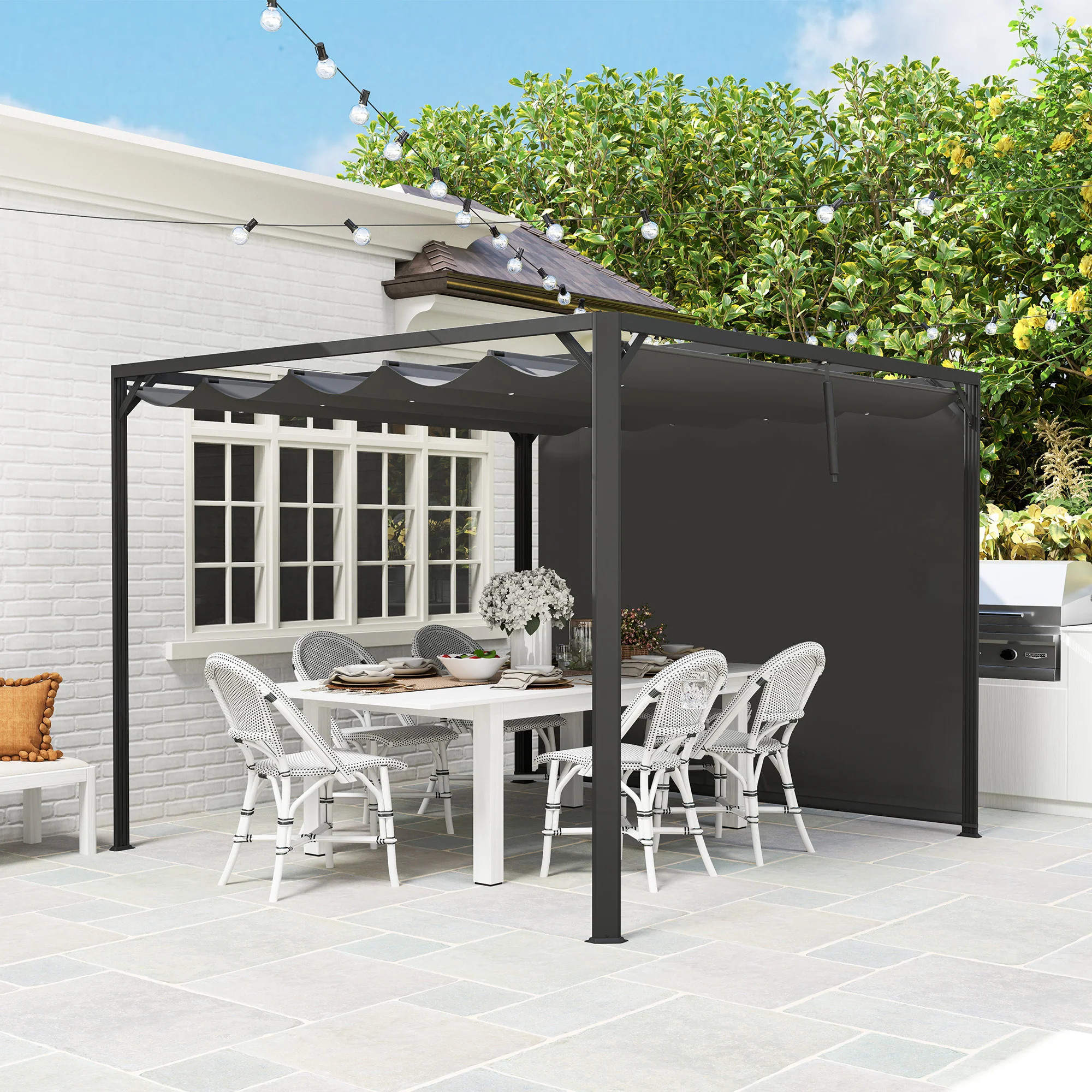 Outsunny Pérgola De Jardín 3x3 M Con Techo Retráctil Y Lateral Enrollable Gris - Image 4