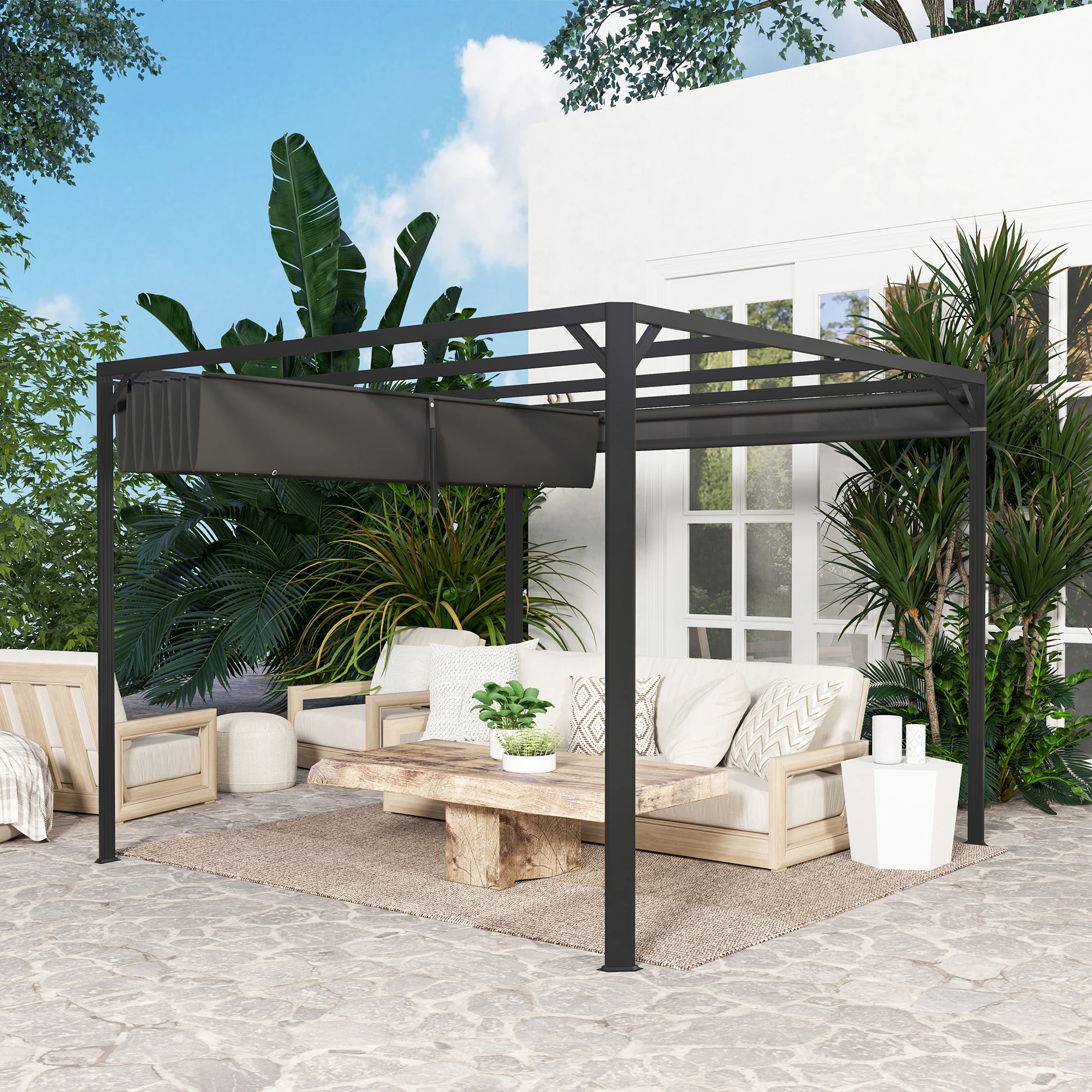 Outsunny Pérgola De Jardín 3x3 M Con Techo Retráctil Y Lateral Enrollable Gris - Image 5