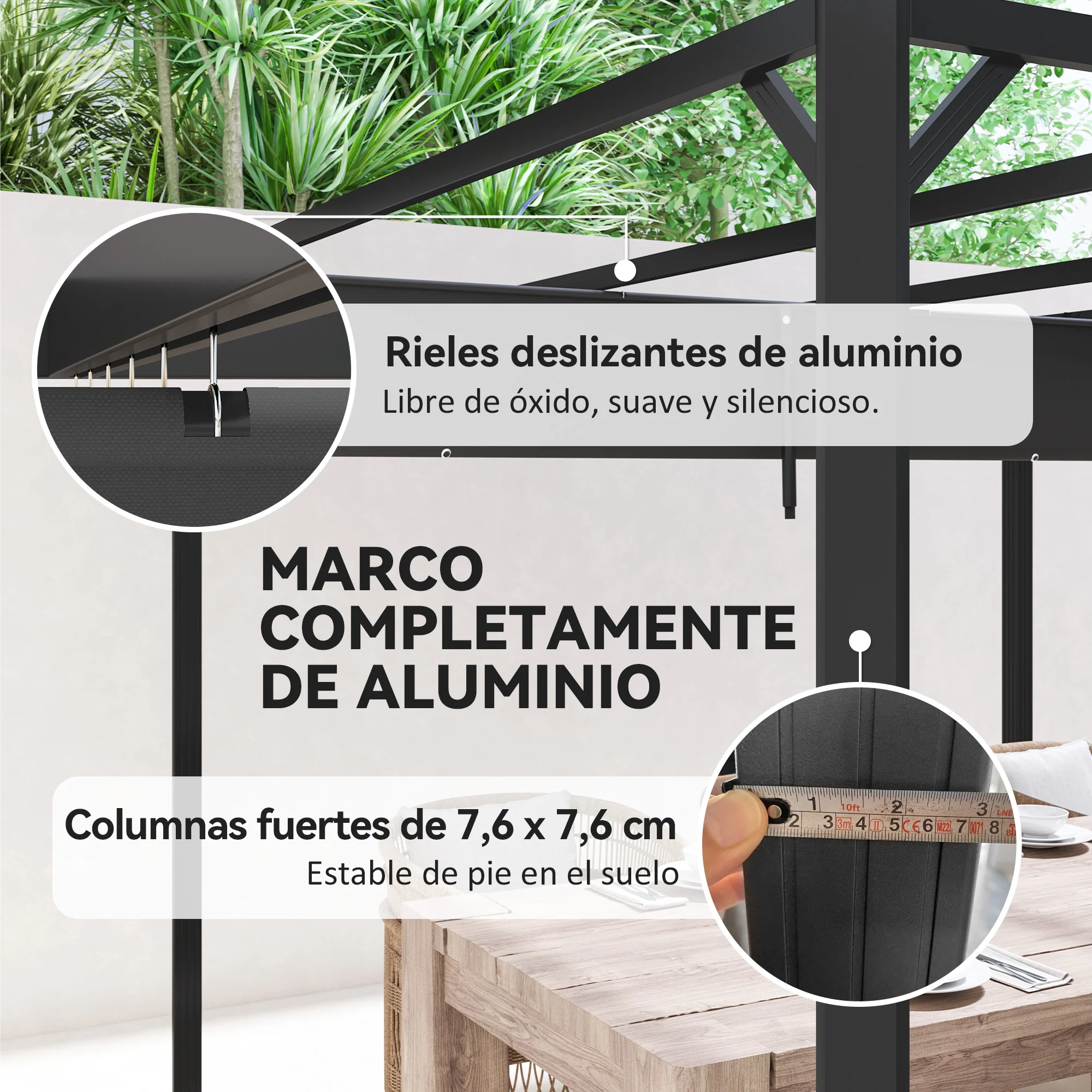 Outsunny Pérgola De Jardín 3x3 M Con Techo Retráctil Y Lateral Enrollable Gris - Image 6
