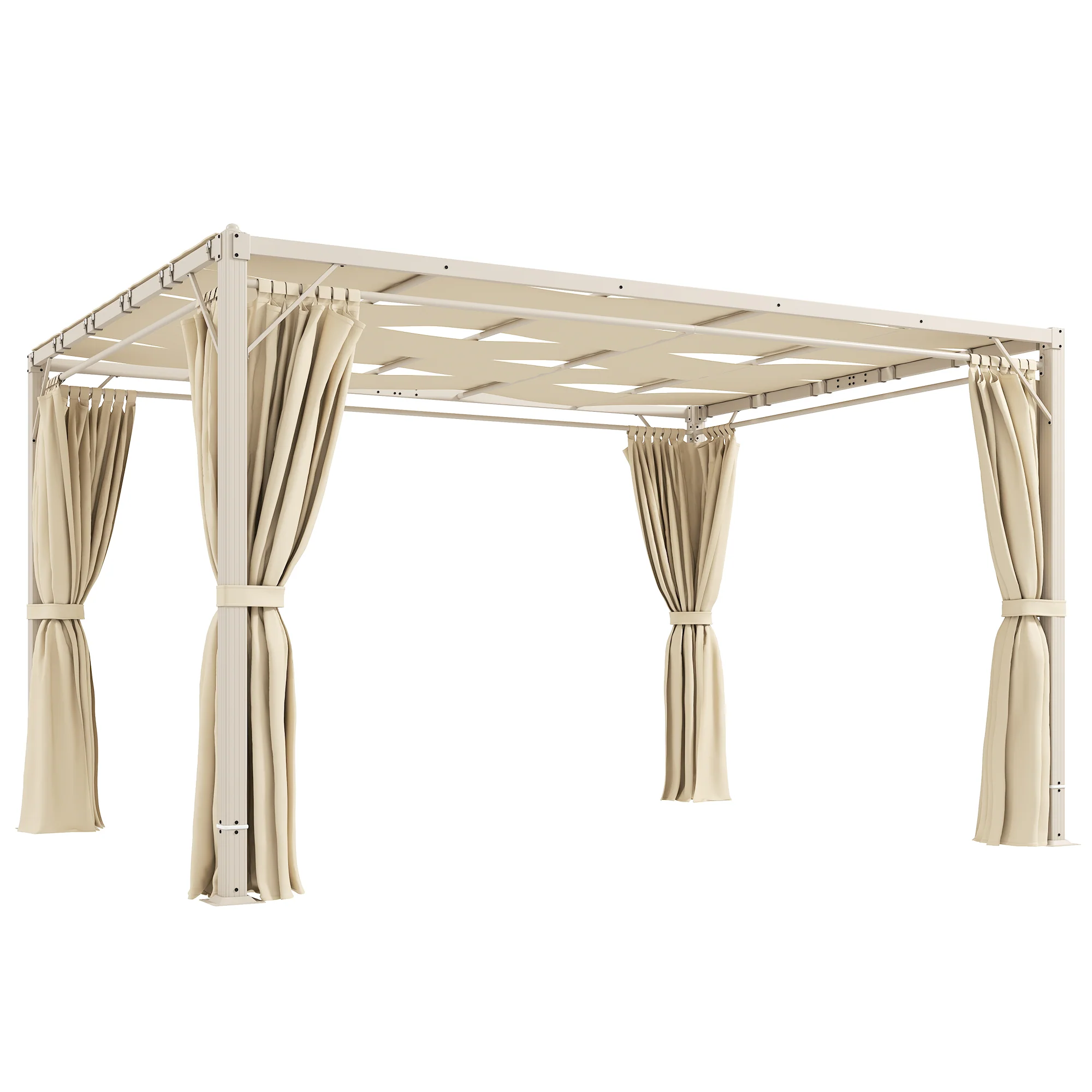 Outsunny Pérgola De Jardín 3x4 M Con Techo Ondulado Upf50+ Y Cortinas Beige