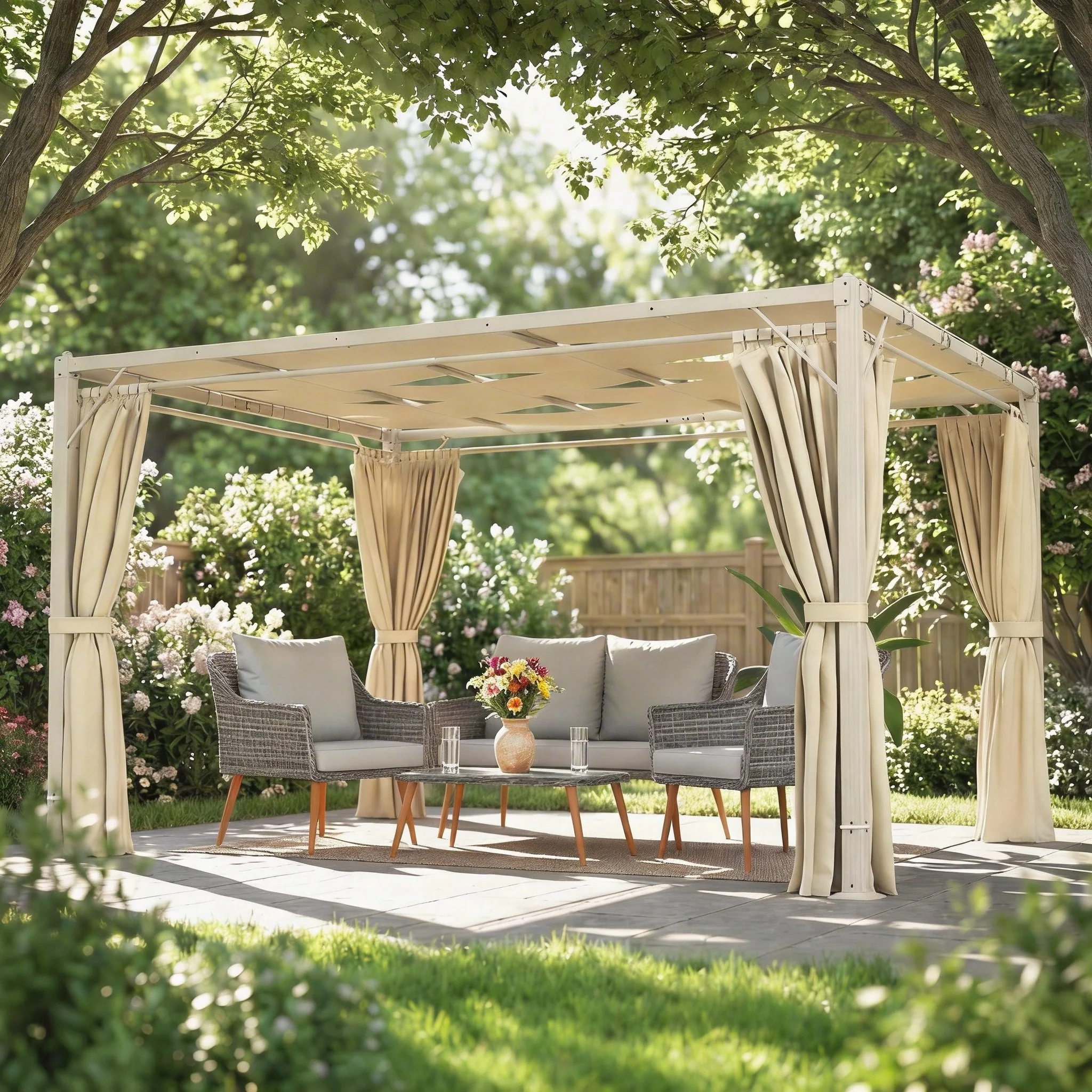 Outsunny Pérgola De Jardín 3x4 M Con Techo Ondulado Upf50+ Y Cortinas Beige - Image 5
