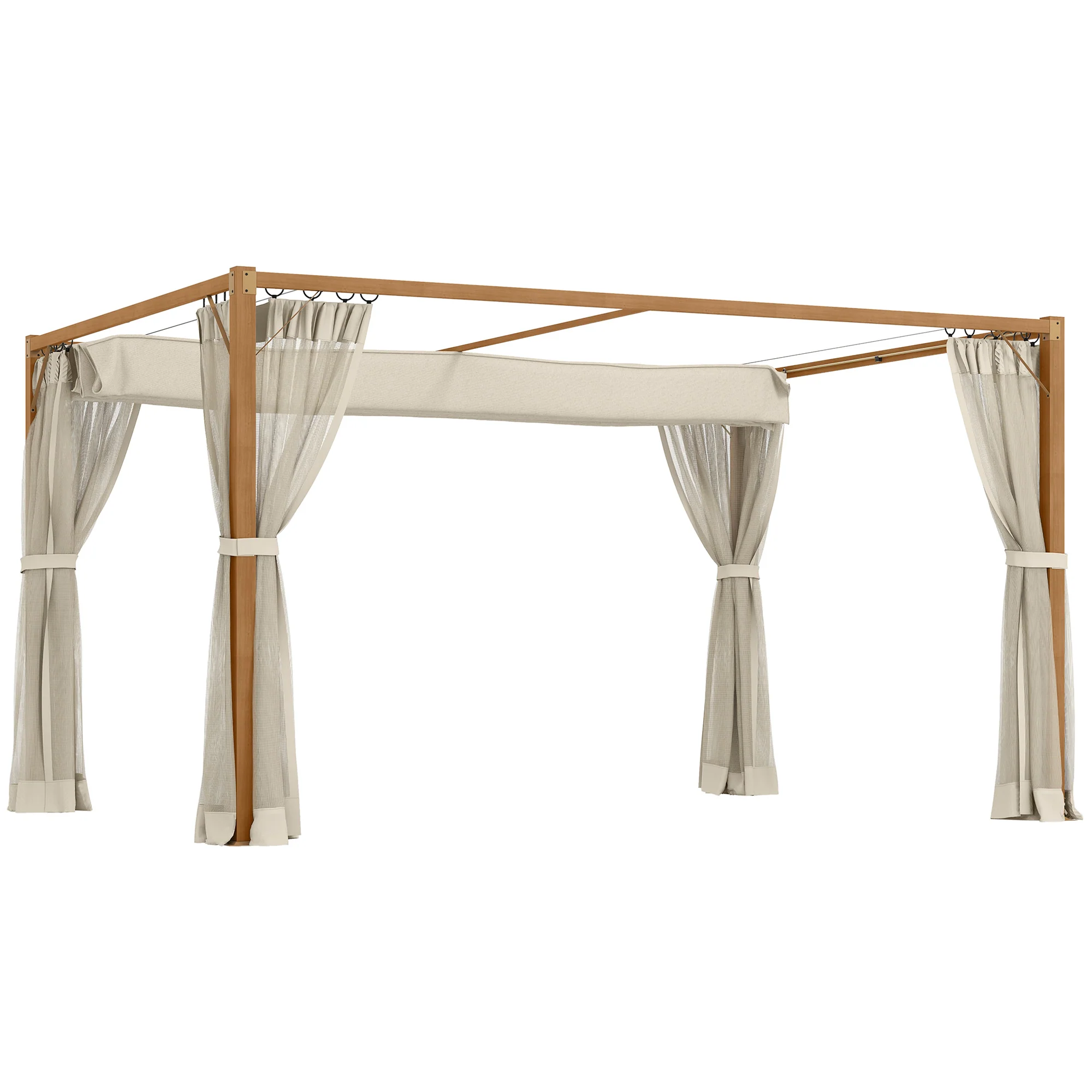 Outsunny Pérgola De Jardín 4x3 M Con Techo Retráctil Mosquiteras Natural