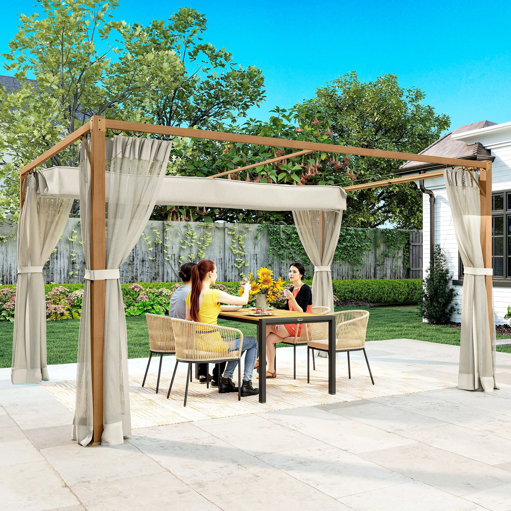 Outsunny Pérgola De Jardín 4x3 M Con Techo Retráctil Mosquiteras Natural - Image 2
