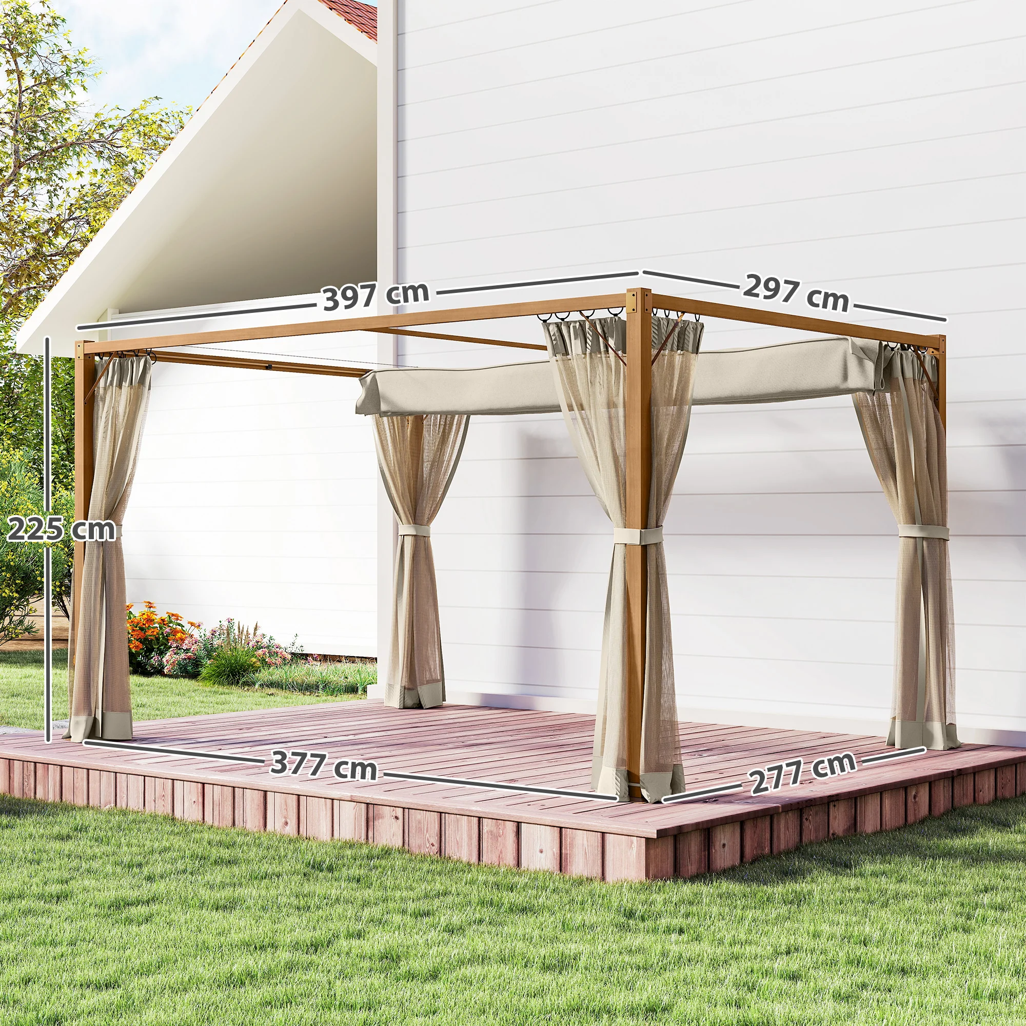 Outsunny Pérgola De Jardín 4x3 M Con Techo Retráctil Mosquiteras Natural - Image 3
