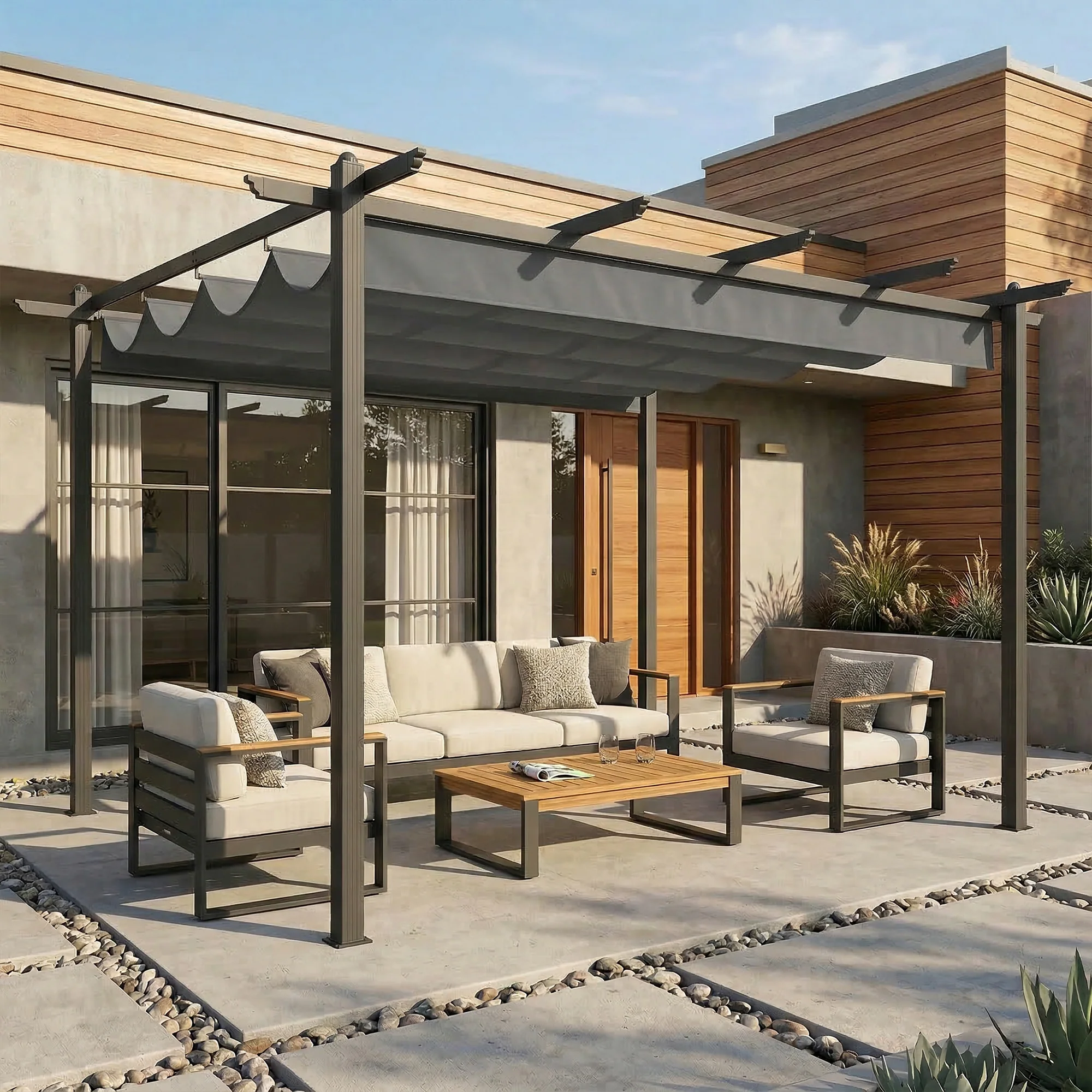 Outsunny Pérgola De Jardín 4x3 M Con Techo Retráctil Y Marco De Aluminio Gris - Image 2