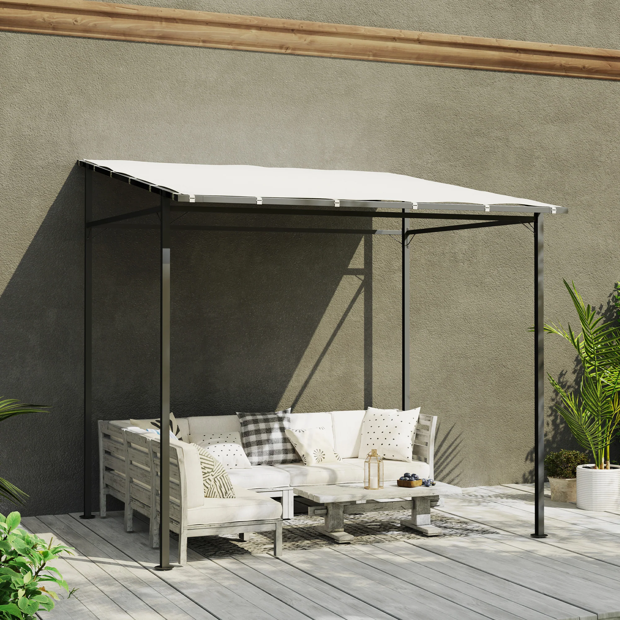 Outsunny Pérgola De Pared 2,4x2,4 M Con Techo Inclinado Protección Uv 30+ Crema - Image 4